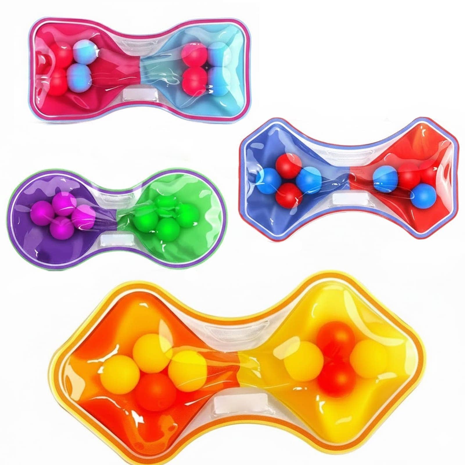 Etokfoks  4 Pack Quiet Squeeze Sensory Fidget Toys for Kids 5.6 x 5.6 Inch Hourglass Shape Gel Beads Color Sorting Calming Toy for Travel Classroom Autism