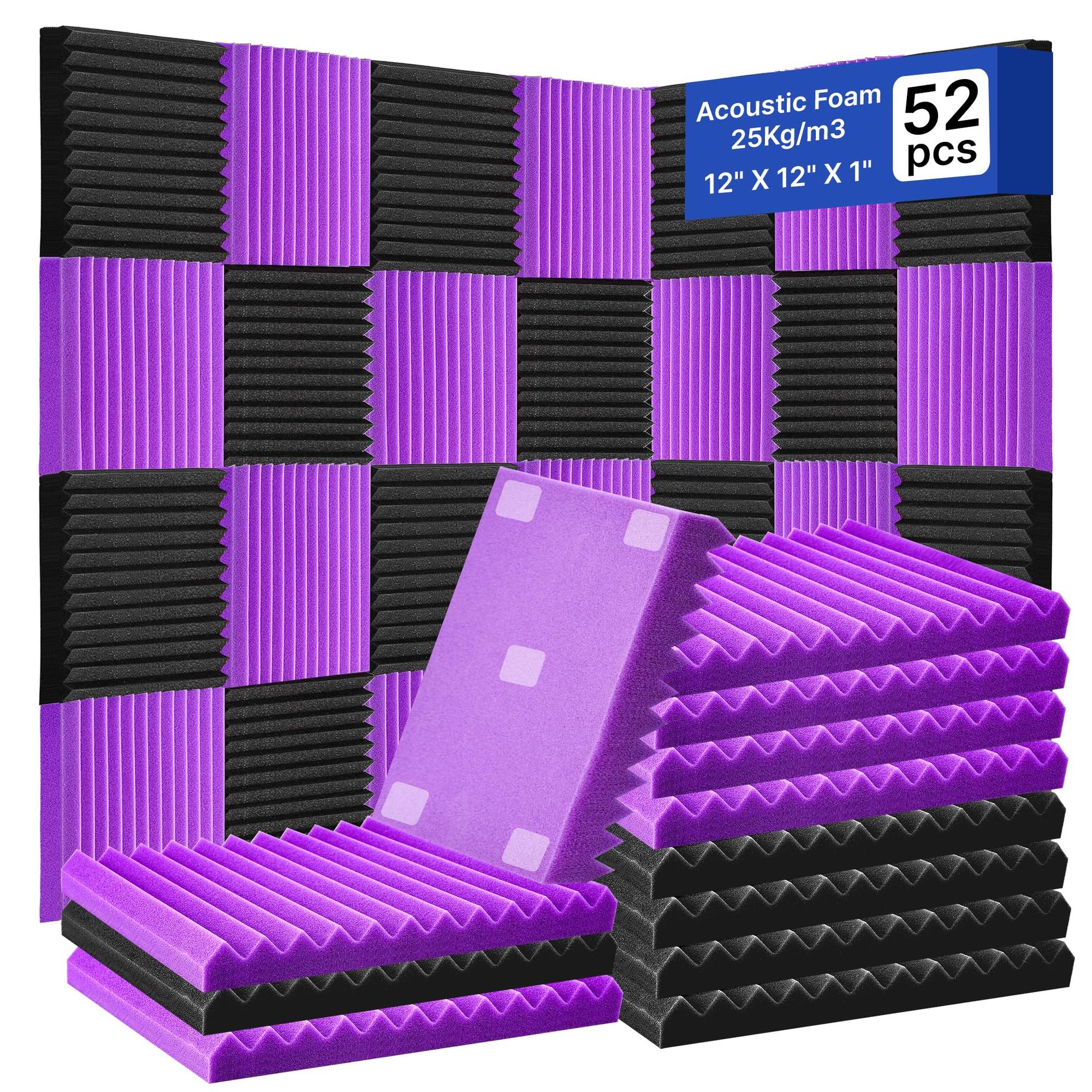 Angel Sar 52 Pack Black Purple Acoustic Wedge Studio Foam Panels 1 X 12 X 12 Inches Sound Absorption for Wall Recording