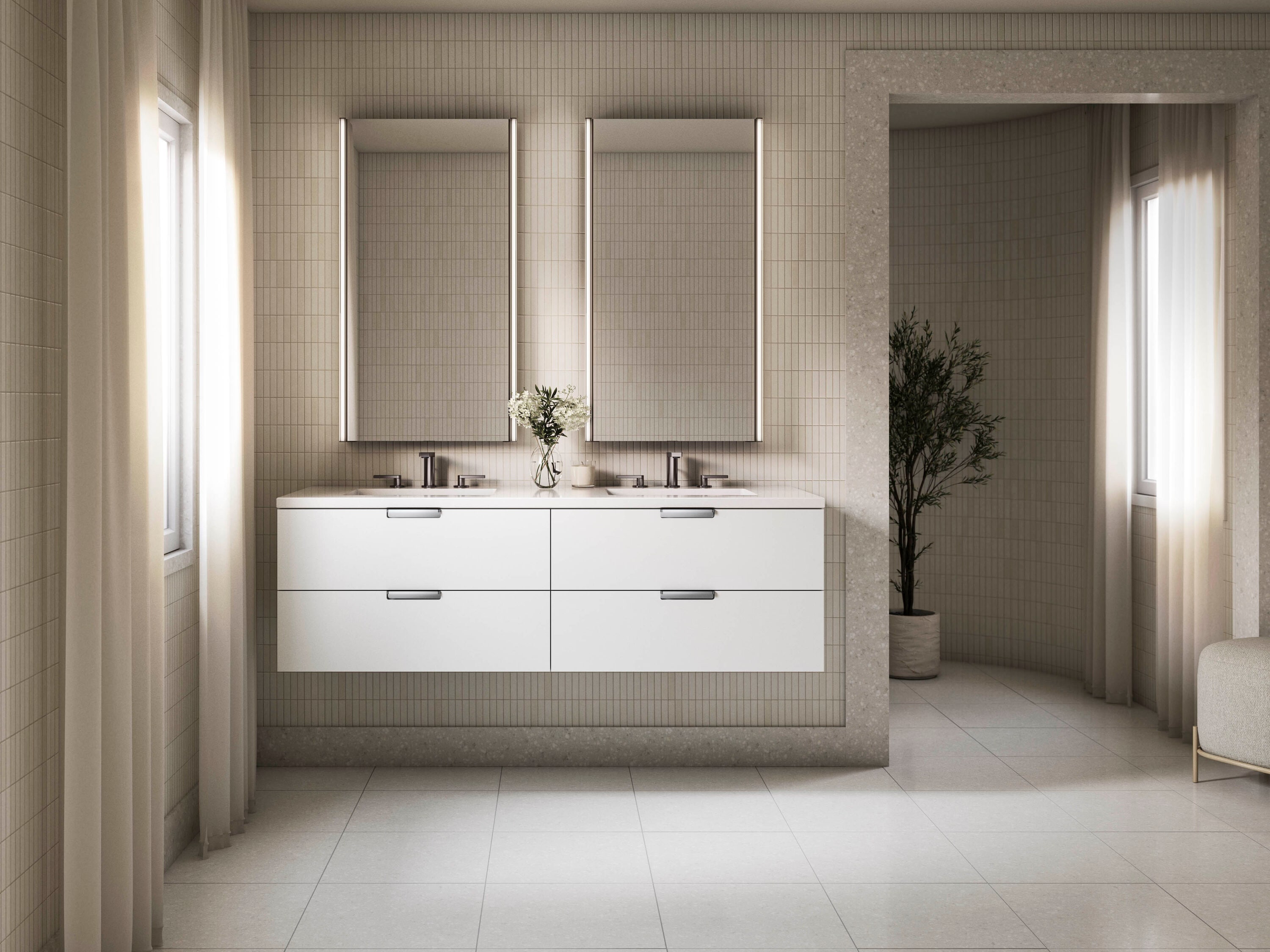 KOHLER 34657-0 Maxstow 60-in White Undermount Double Sink Floating Bathroom Vanity with White Quartz Top