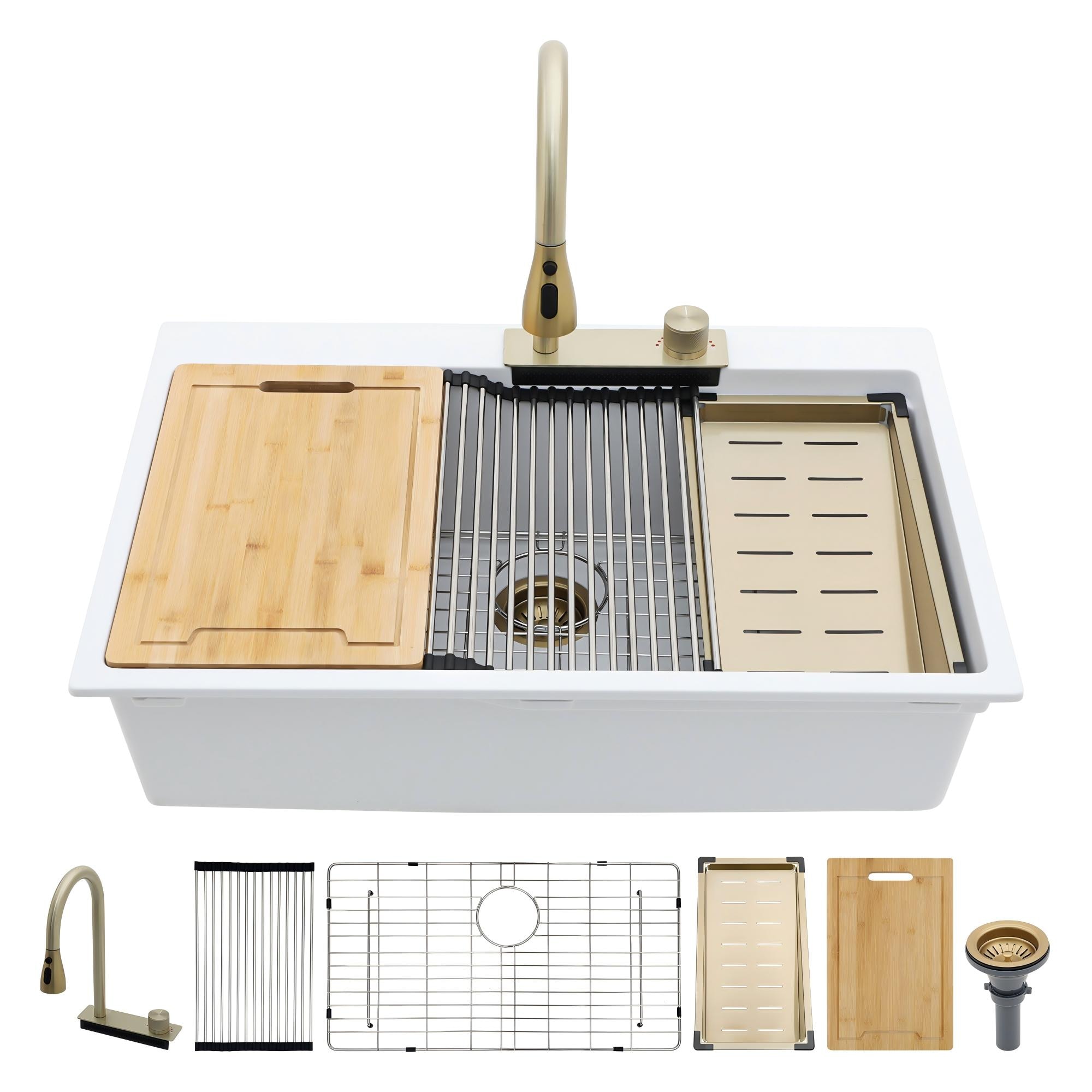 Lordear LD-FYWHTS33 Drop-in 33-in x 22-in Quartz Single bowl Workstation Kitchen Sink All-in-One Kit