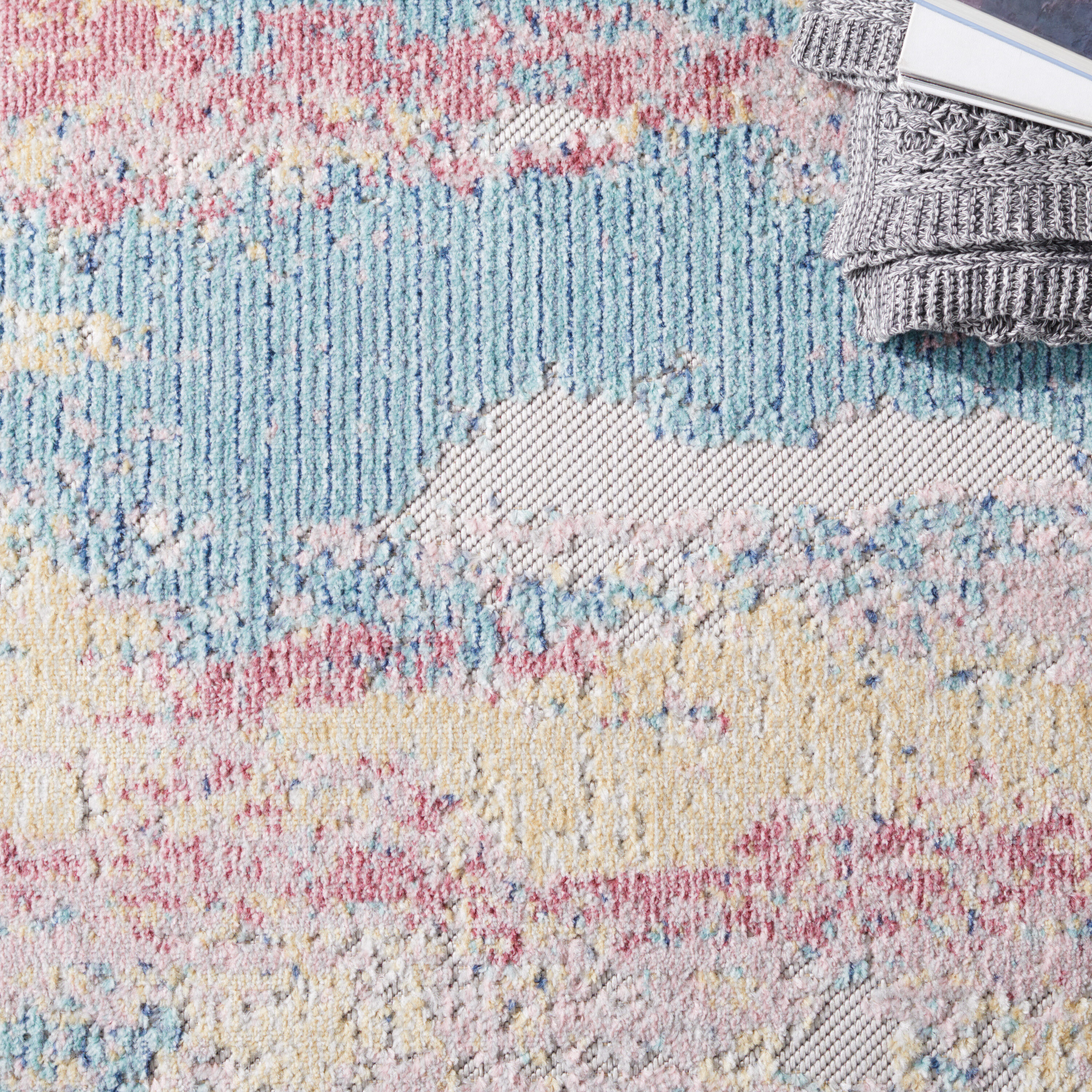 Aqua and Pink Geometric Synthetic Indoor/Outdoor Area Rug