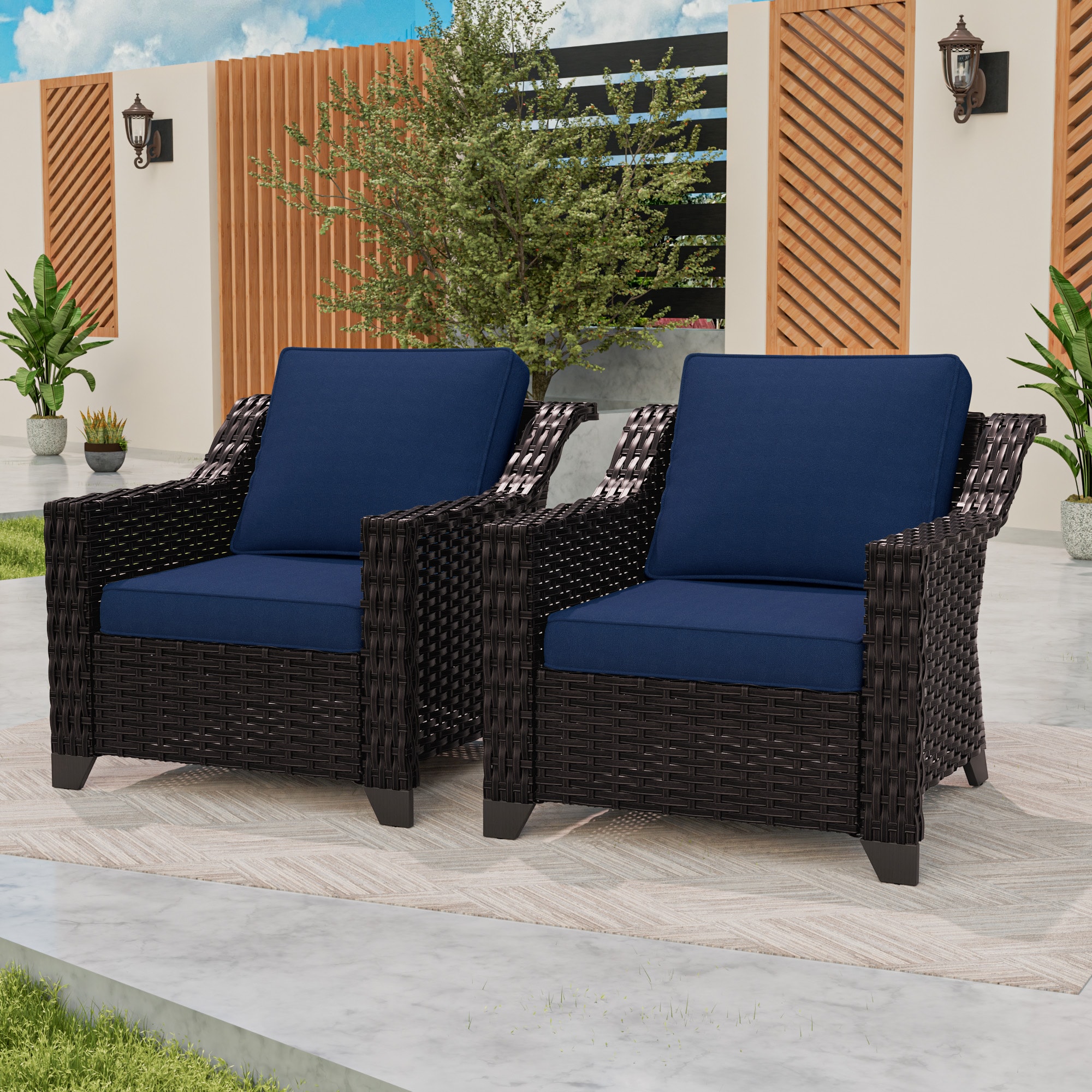 Gardenbee HGL-MA01B-B3 Set of 2 Wicker Brown Steel Frame Stationary Conversation Chair with Blue Cushioned Seat