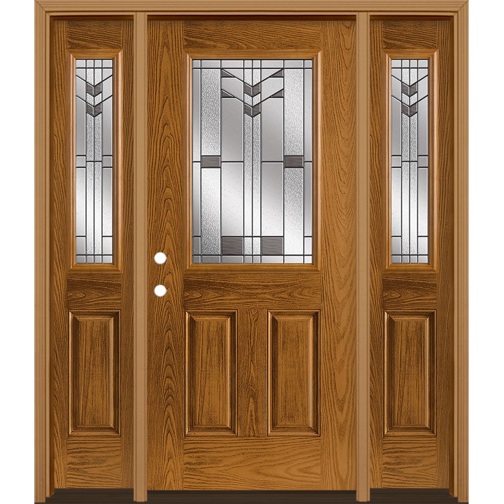 Masonite 3420264 Frontier 64-in x 80-in x 4-9/16-in Fiberglass Half lite Right-hand inswing Oakcrest Stained Prehung Front Door with Sidelights with Brickmould Insulating core