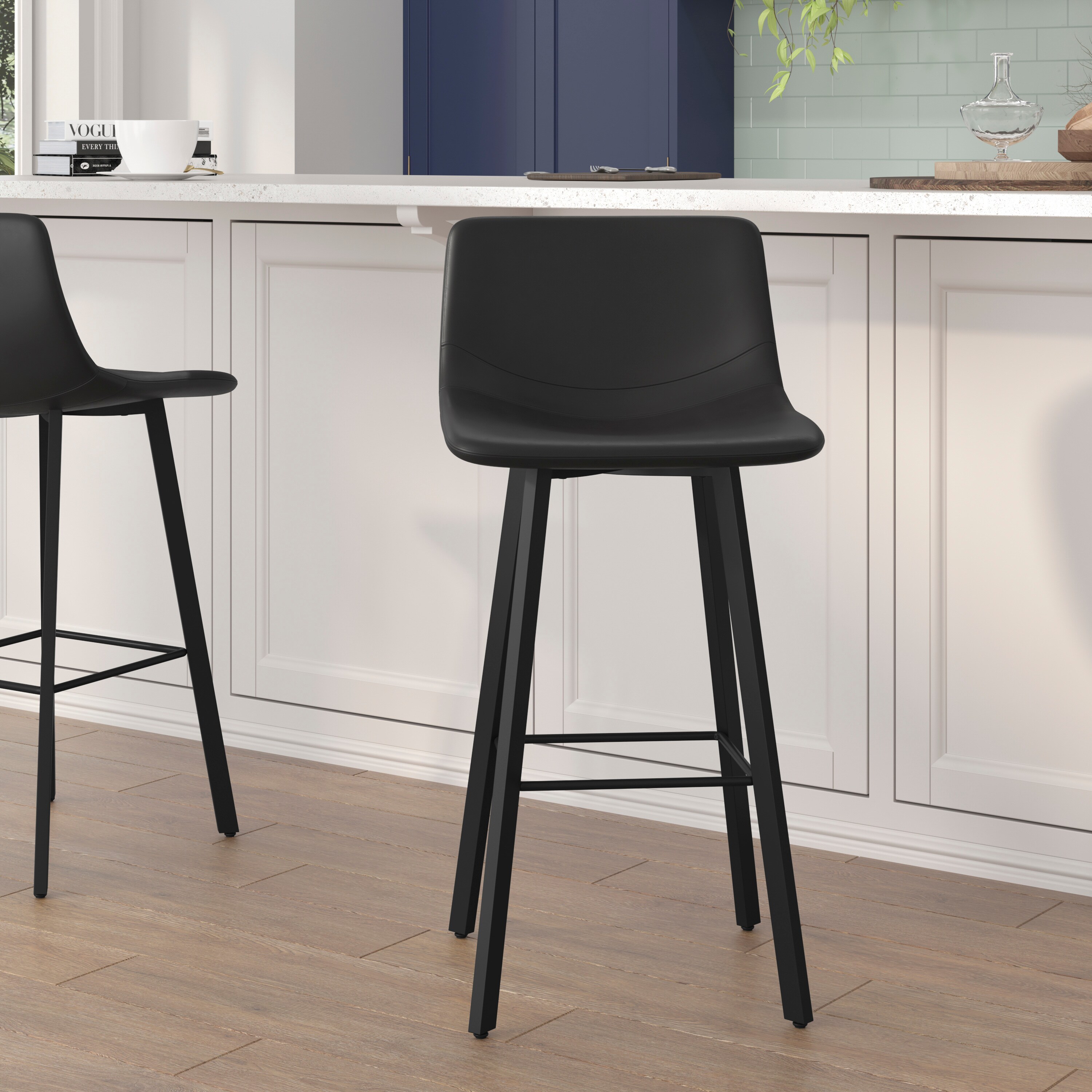 Flash Furniture 840196379210 Caleb Modern Armless 30 Inch Bar Height Commercial Grade Barstools with Footrests in Black LeatherSoft and Black Matte Iron Frames; Set of 2
