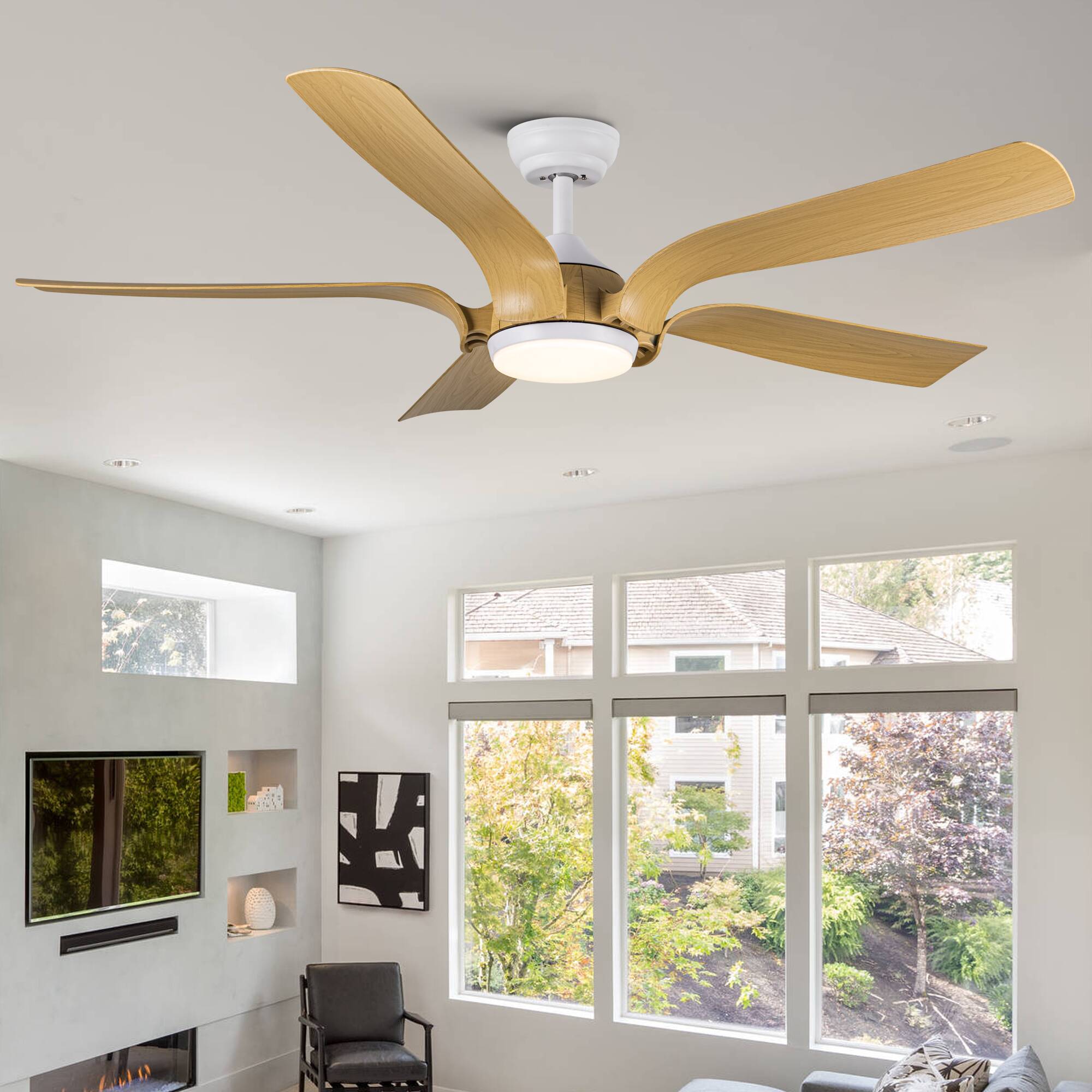 YUHAO Raleighe 56-in White with Distressed Blades Color-changing Integrated LED Indoor/Outdoor Smart Ceiling Fan with Light and Remote (5-Blade) LSDC1124WH56 Sansujyuku sansujyuku.com