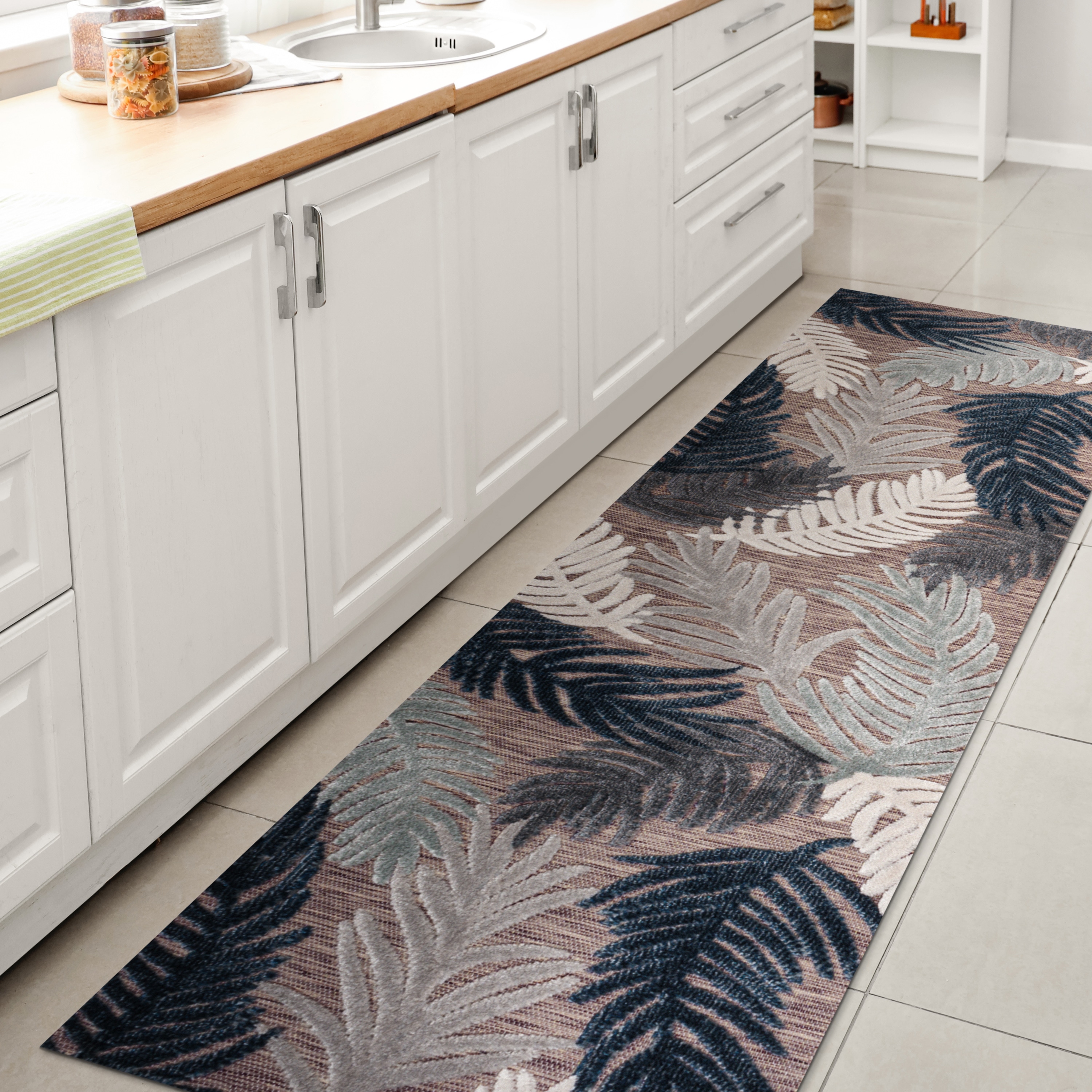 JONATHAN  Y HWC101B-28 Hawaii Montego High-Low Tropical Palm 2 x 8 (ft) Loomed Polypropylene Brown/Navy/Ivory Rectangular Indoor/Outdoor Floral/Botanical Coastal Runner rug