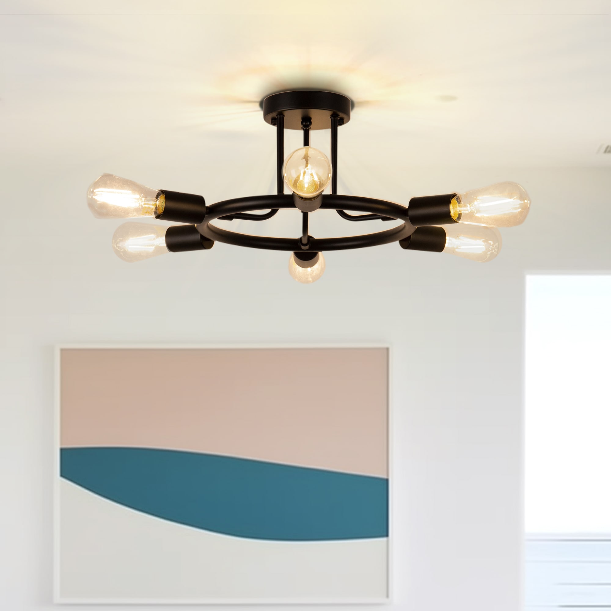 YANSUN L-ZO0199501 6 -Light 16.7-in Matte Black Semi Flush Mount Light