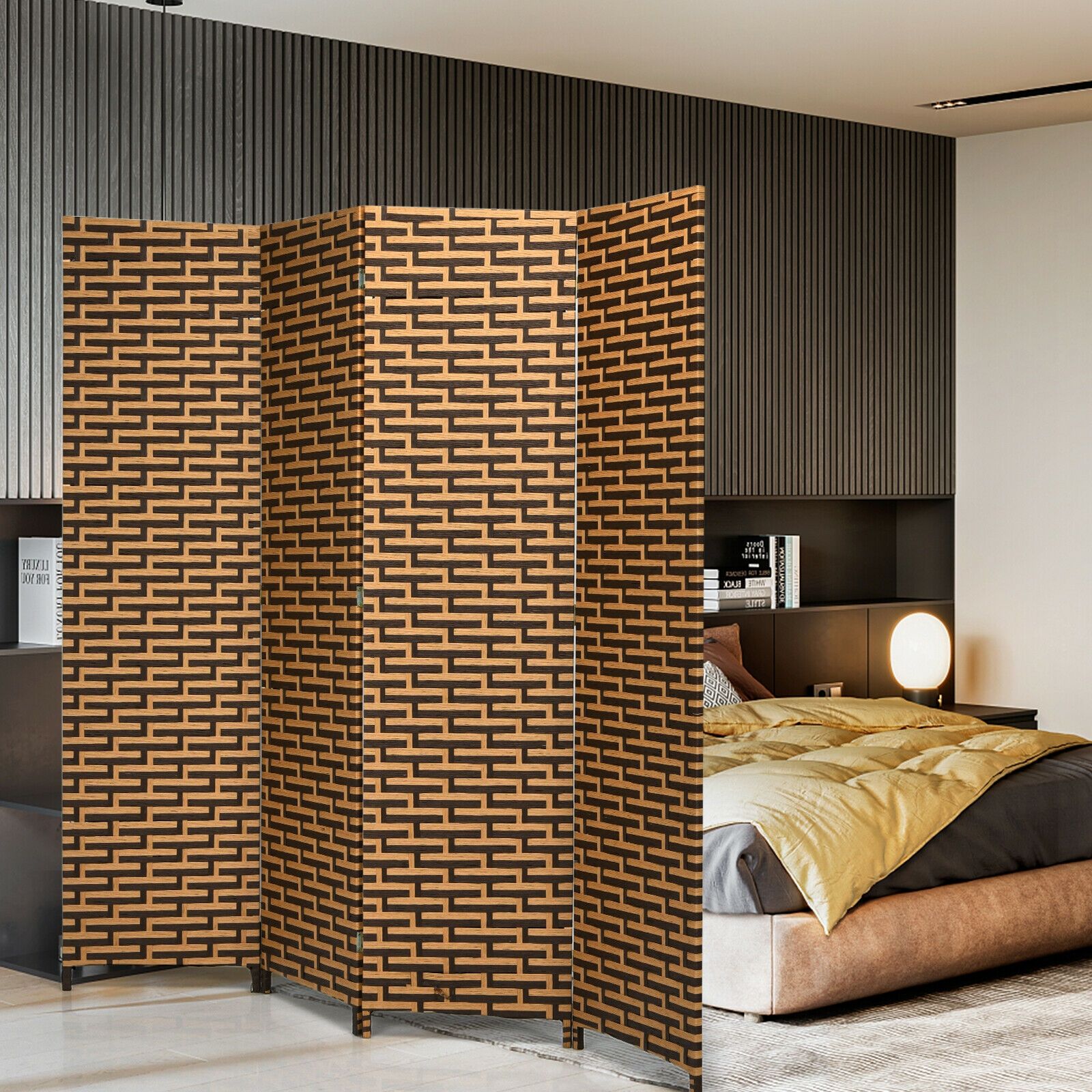 Slickblue Lightweight 4-Panel Yellow Room Divider - Folding Natural ...