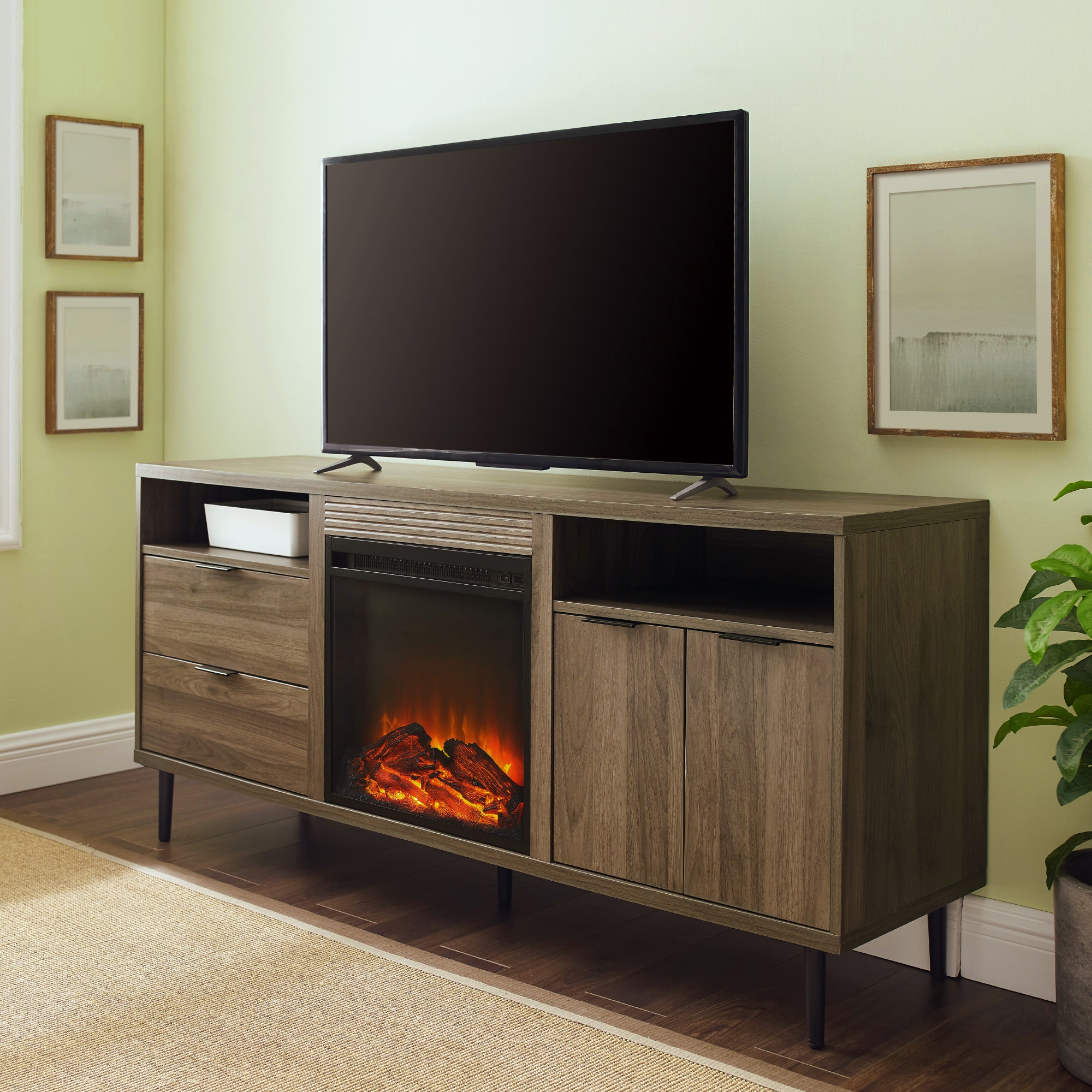 Walker Edison LW60FPRTHSG 60-Inches W Slate Gray TV Stand with LED Flat wall Electric Fireplace