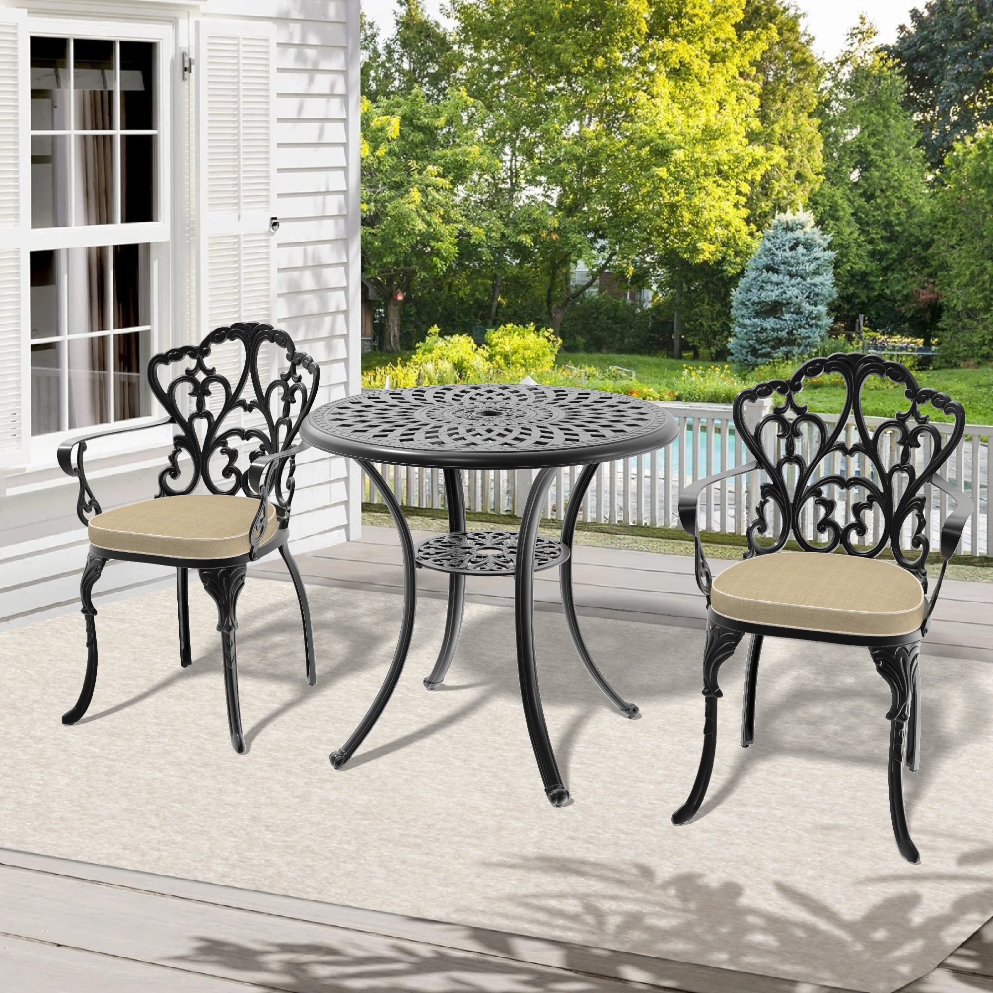 nicesure SLBK6047CZ2A1030RC 3 -Piece Black Patio Dining Set Aluminum Round Table with 2 Cushions Stationary Chairs