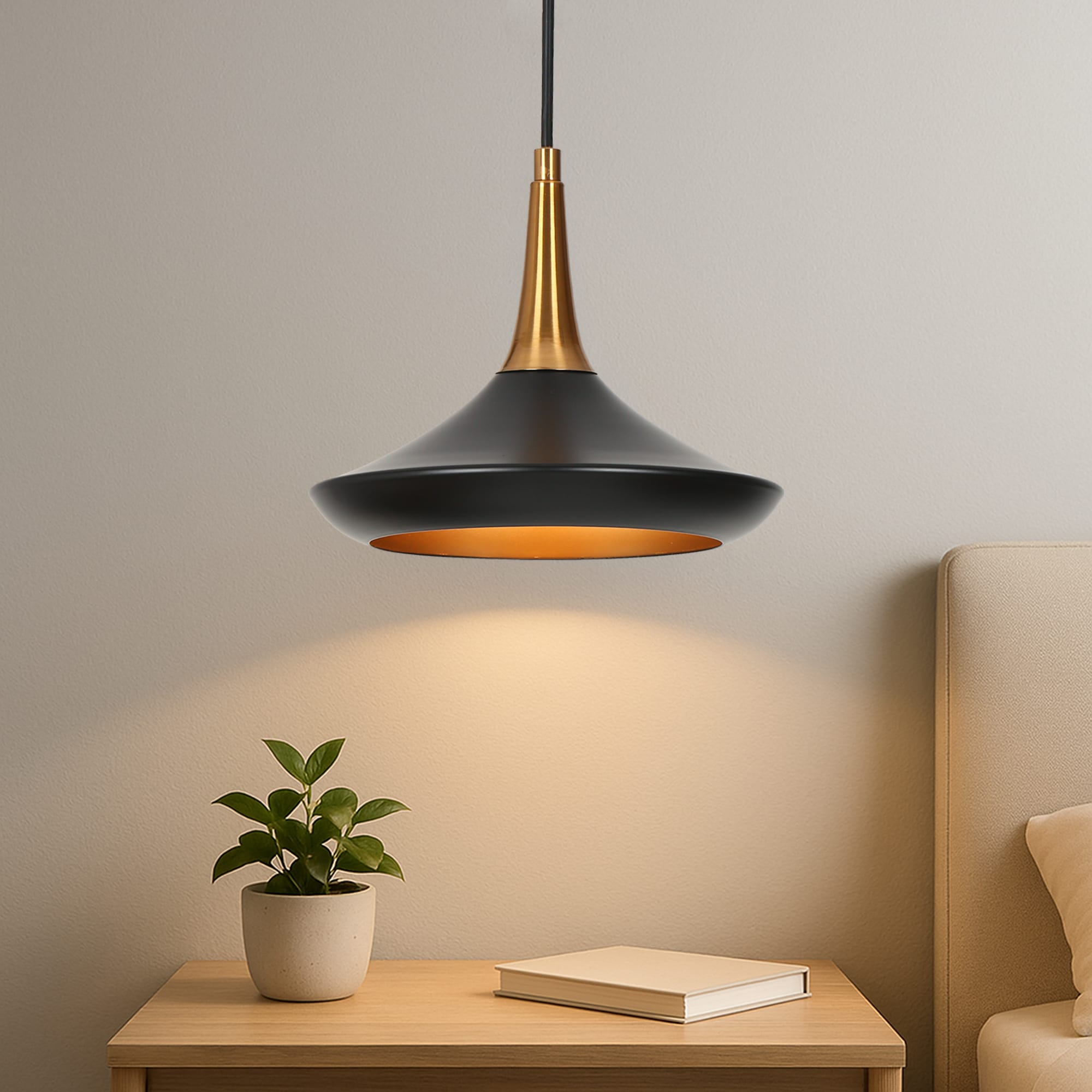 LNC LAZBY3E985P08C Phapricornus 9'' 1 -Light Matte black and Polished gold Modern/contemporary Cone Mini Hanging Kitchen island light