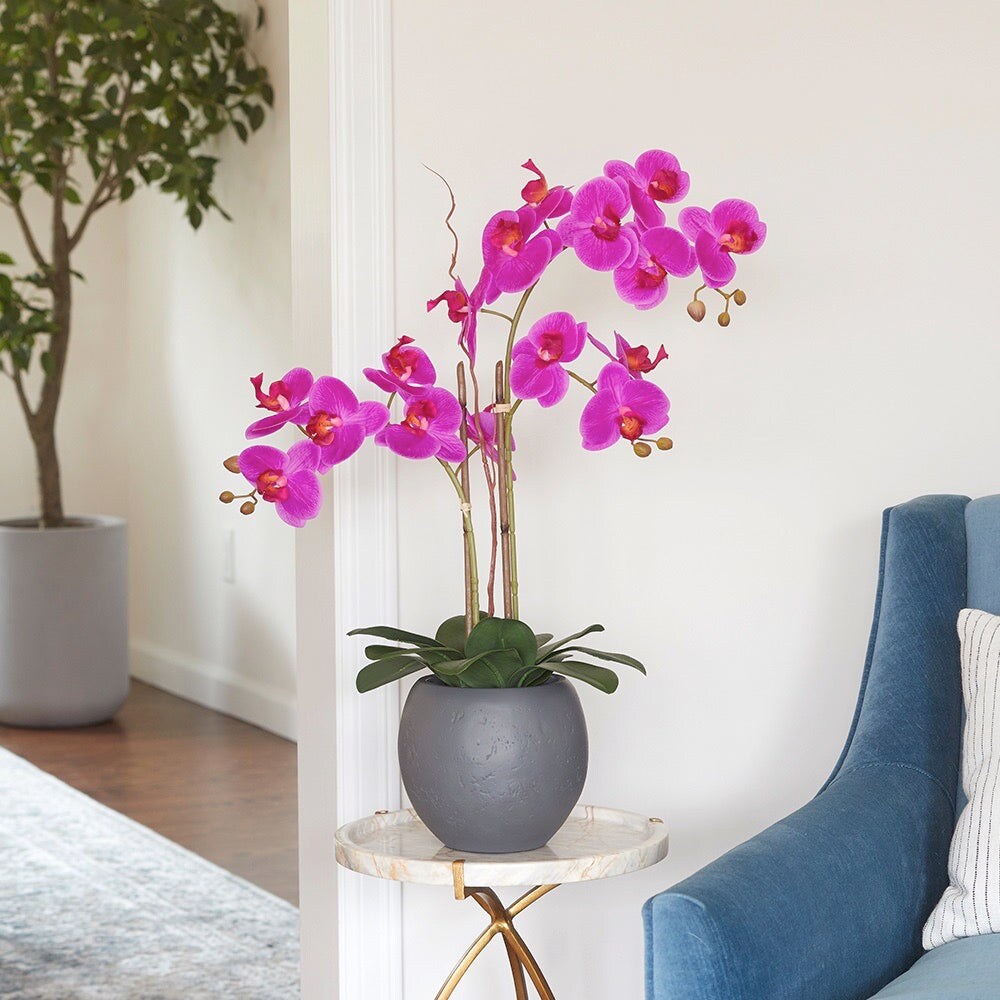 CG Hunter  Artificial Pink Double Stem Orchid in Grey Planter
