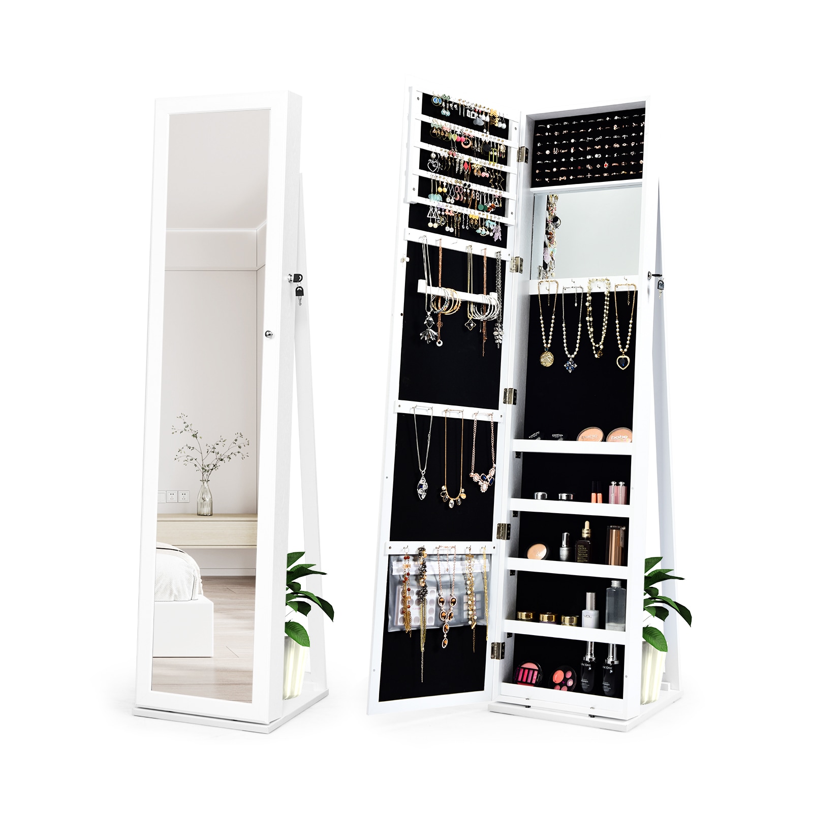 Fenbeli - Freestanding Jewelry Armoire with Full Length Mirror and Lockable Storage for Bedroom O...