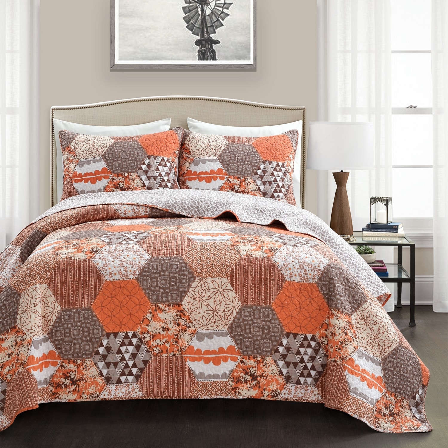 Lush Decor 16T006293 Tangerine Patchwork Reversible King Quilt Cotton