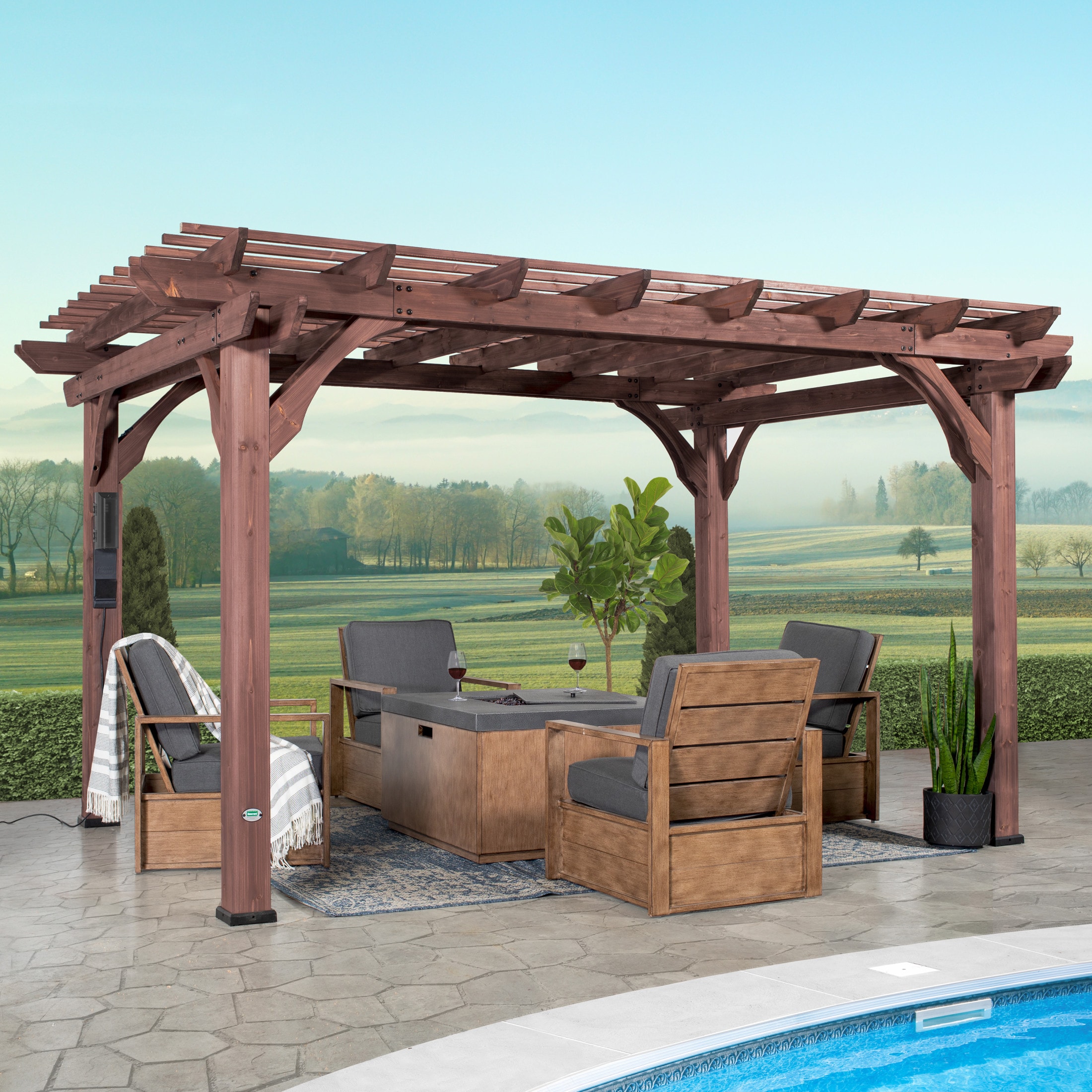 Backyard Discovery 2106529COM Somerville 10-ft W x 14-ft L x 7-ft 8-in H Brown Cedar Freestanding Pergola