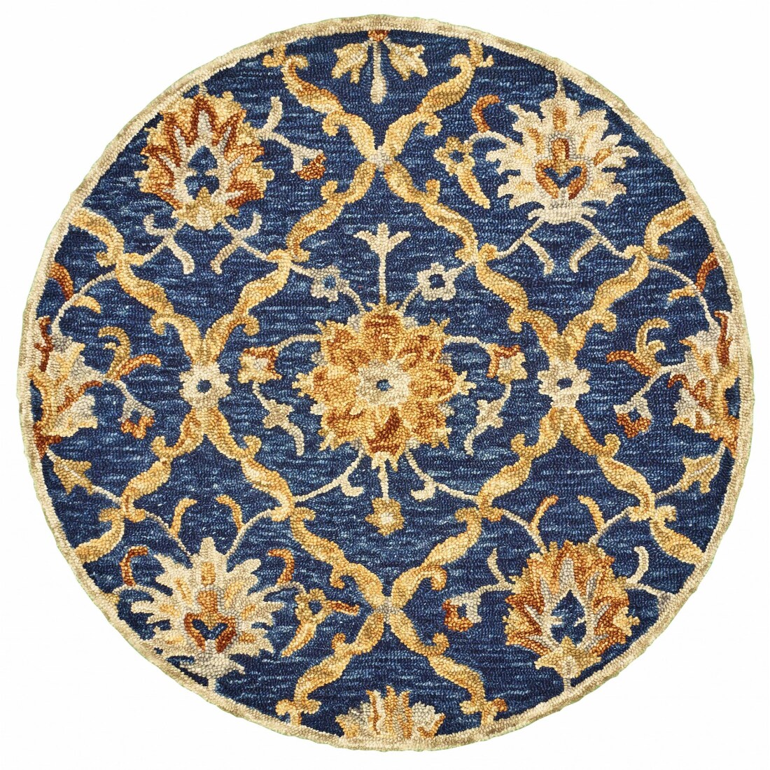 HomeRoots 4000393652 6 ft Round Navy and Gold Ornate Lattice Area Rug