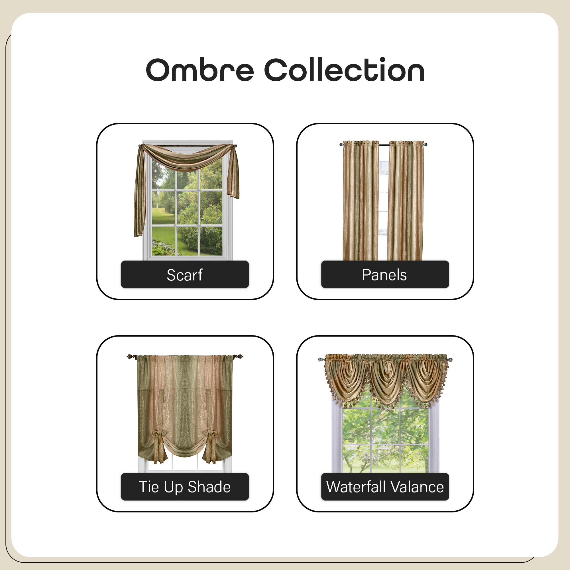 Beige Ombre Waterfall Light Filtering Curtain Valance with Tassels, 46x42