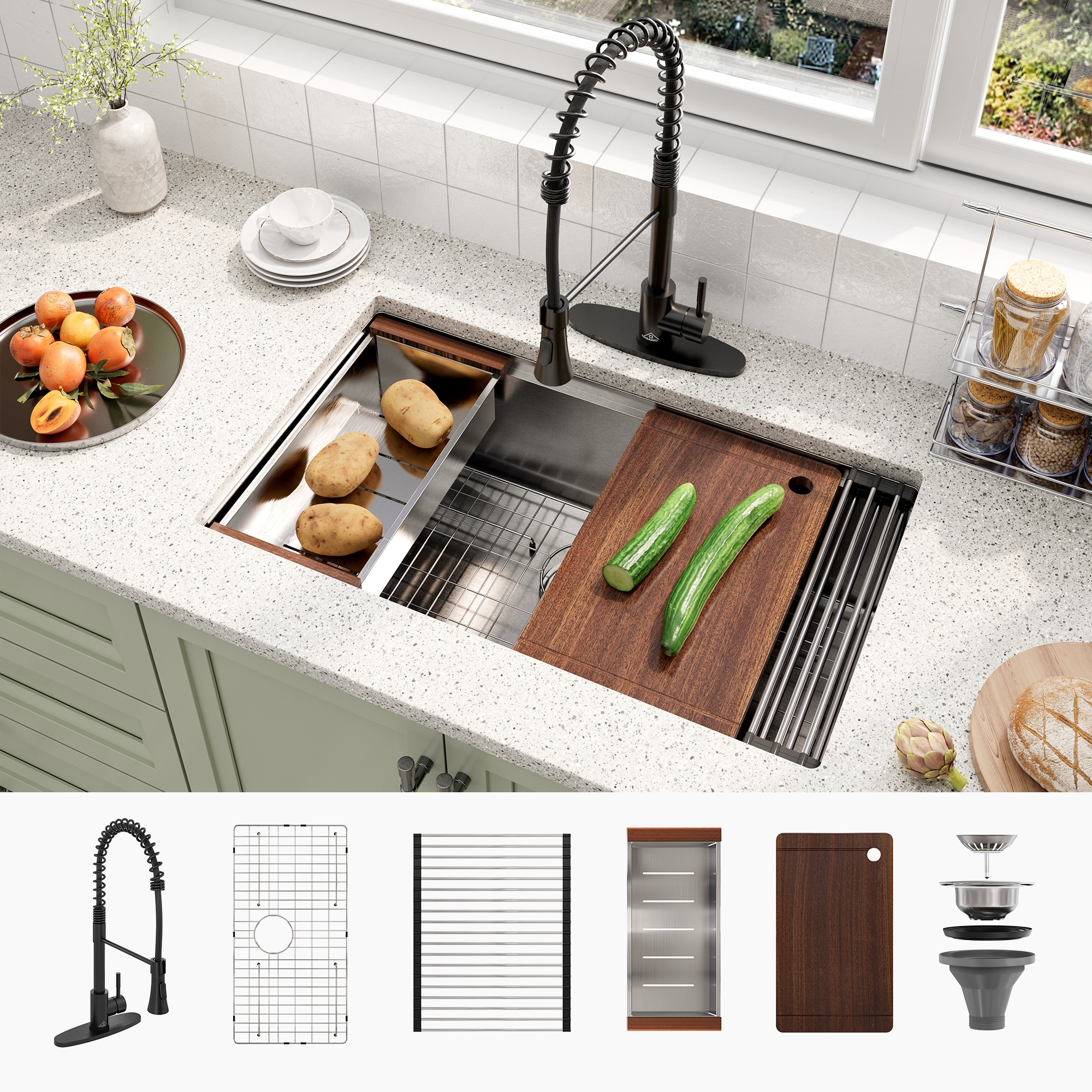 CASAINC CAKE07013U32M75 Undermount 32-in x 19-in Stainless steel Single bowl 18 -Gauge Workstation Kitchen Sink All-in-One Kit with Drainboard