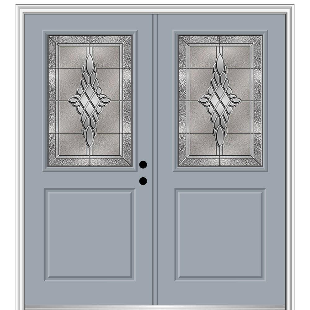 MMI DOOR ZZ366107L 72-in x 80-in x 6-9/16-in Fiberglass Half lite Left-hand inswing Storm Cloud Painted Prehung Double Front Door with Brickmould Insulating core