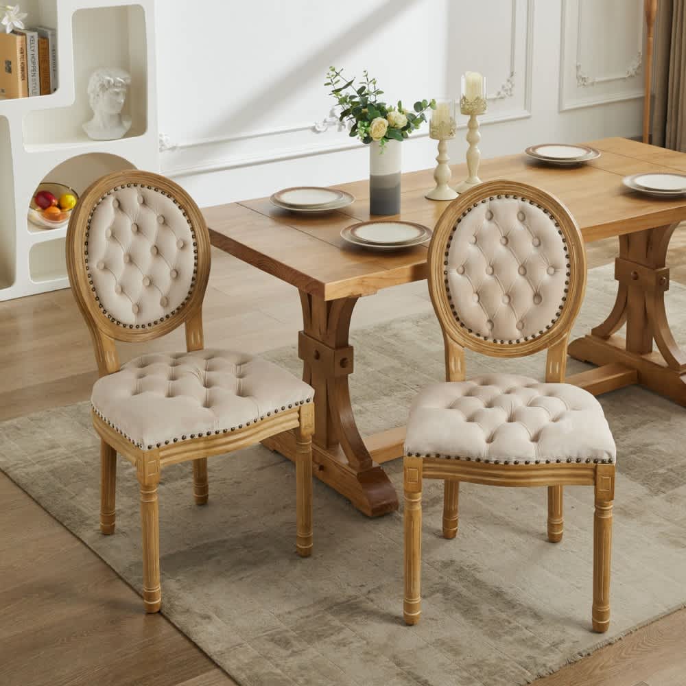 Maison Boucle MIRO-CHAIR-BEIGE Set of 2 Beige Velvet Dining Chairs with Solid Wood Frame Tufted Back and Nailhead Trim for Kitchen