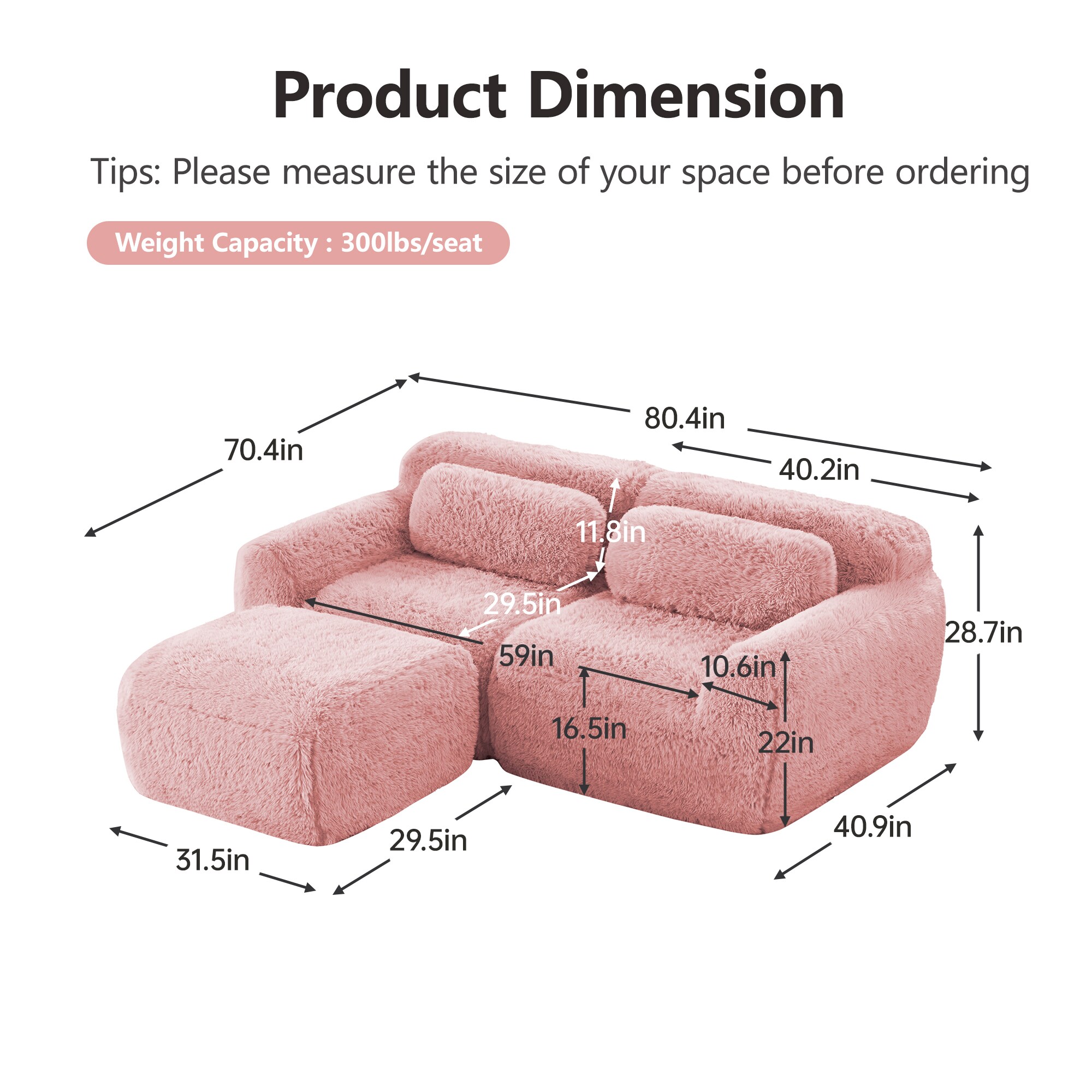 Homy Casa PUFF 80-in W Modular Pink Plush Cloud L-Shaped Sofa with ...