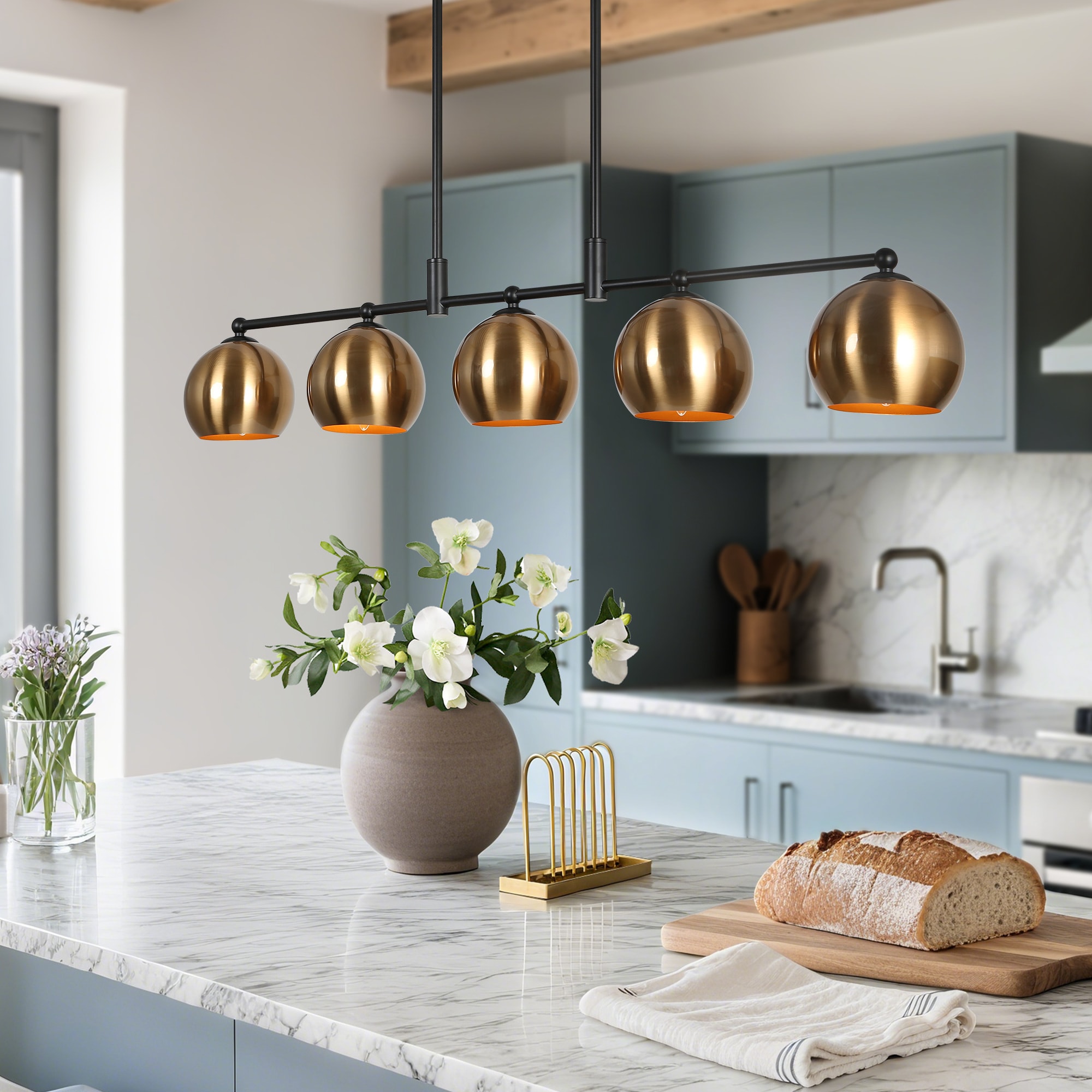 ZEVNI L3B7ZVE3W4285SC7 Tedman 5 -Light Polished Brass and Black Transitional Linear Large Hanging Kitchen island light