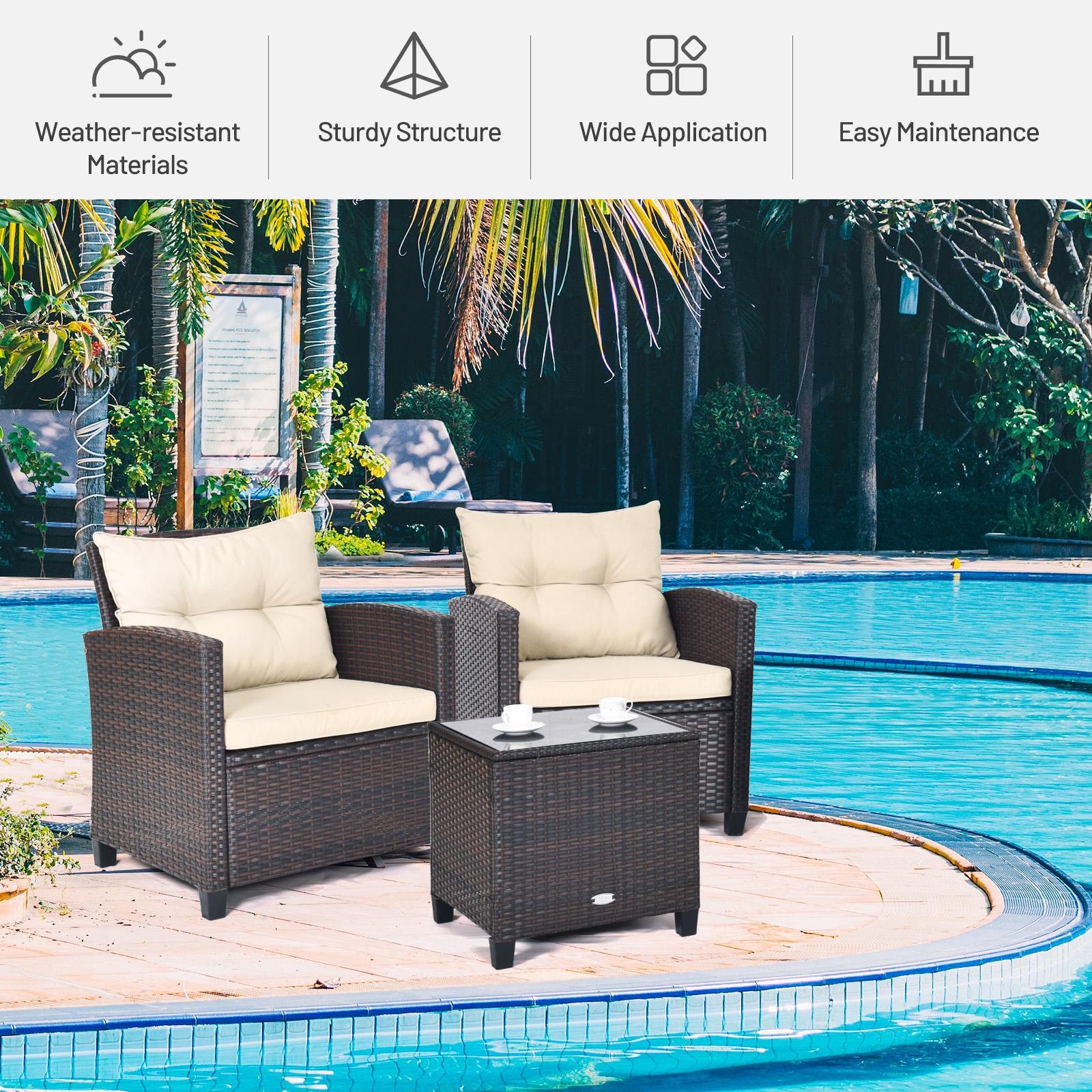 BABOOM 3-Piece Rattan Patio Conversation Set With Off-white Cushions In ...