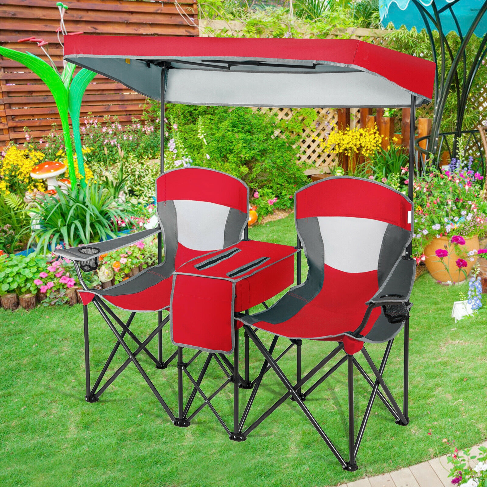 Red Double Folding Camping Chair with Canopy and Cooler
