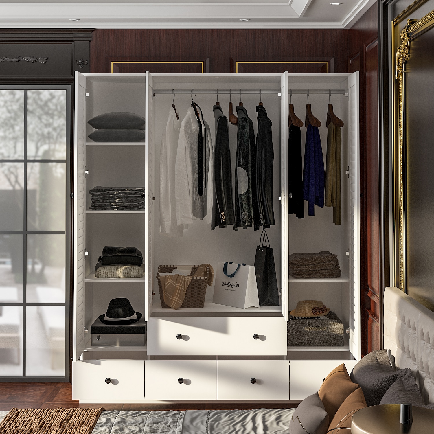 FUFU&GAGA Contemporary 3-Door Wardrobe Closet with 4 Shelves and Hanging Rod - White Finish, Assembly Required | J-JX0151-01+02