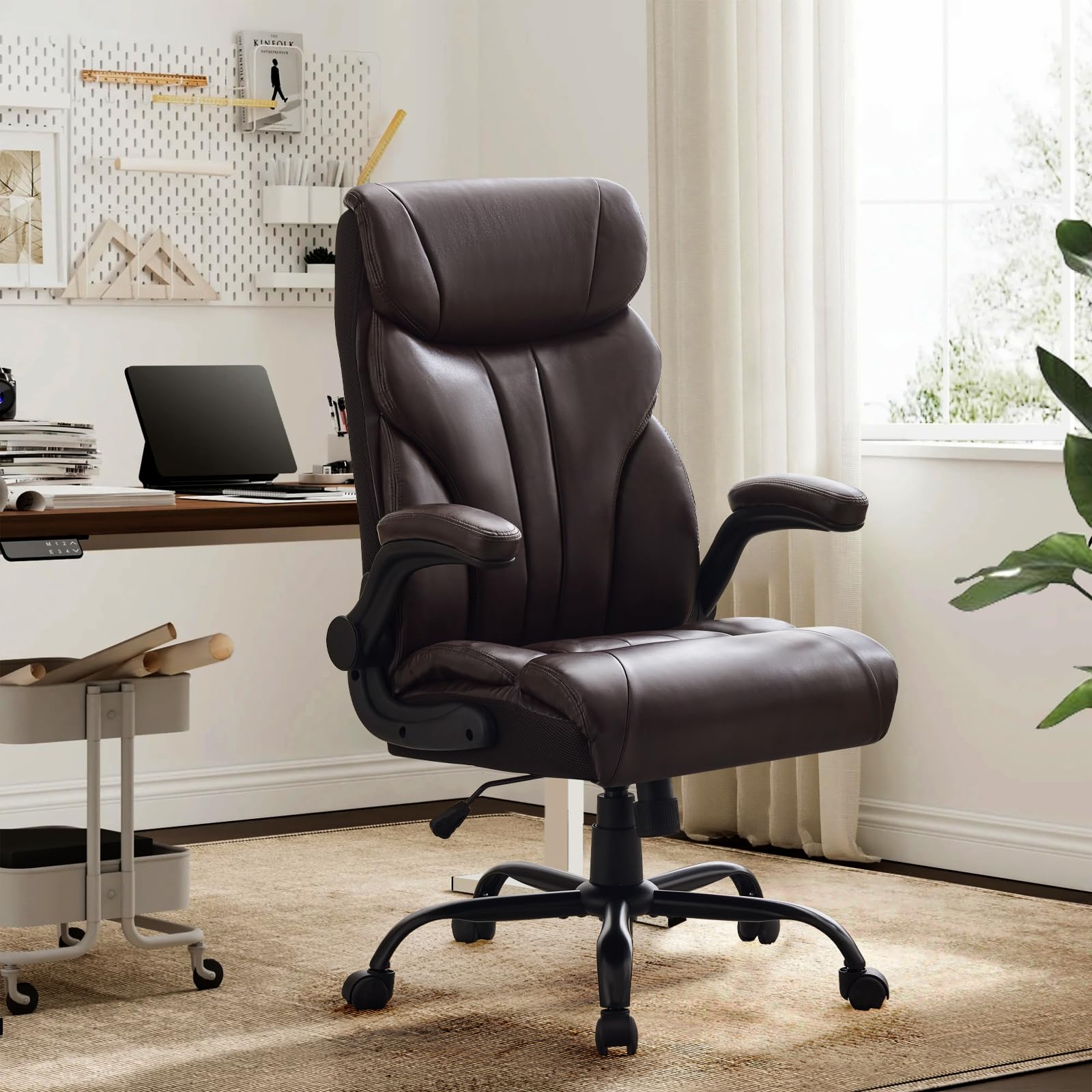 IdealHouse Big and Tall 500lbs Office Chair Ergonomic Wide PU Leather Executive Desk Chair Adjustable rotate-up Armrests High Back Lumbar Support Swivel Task Chair for Home or Office