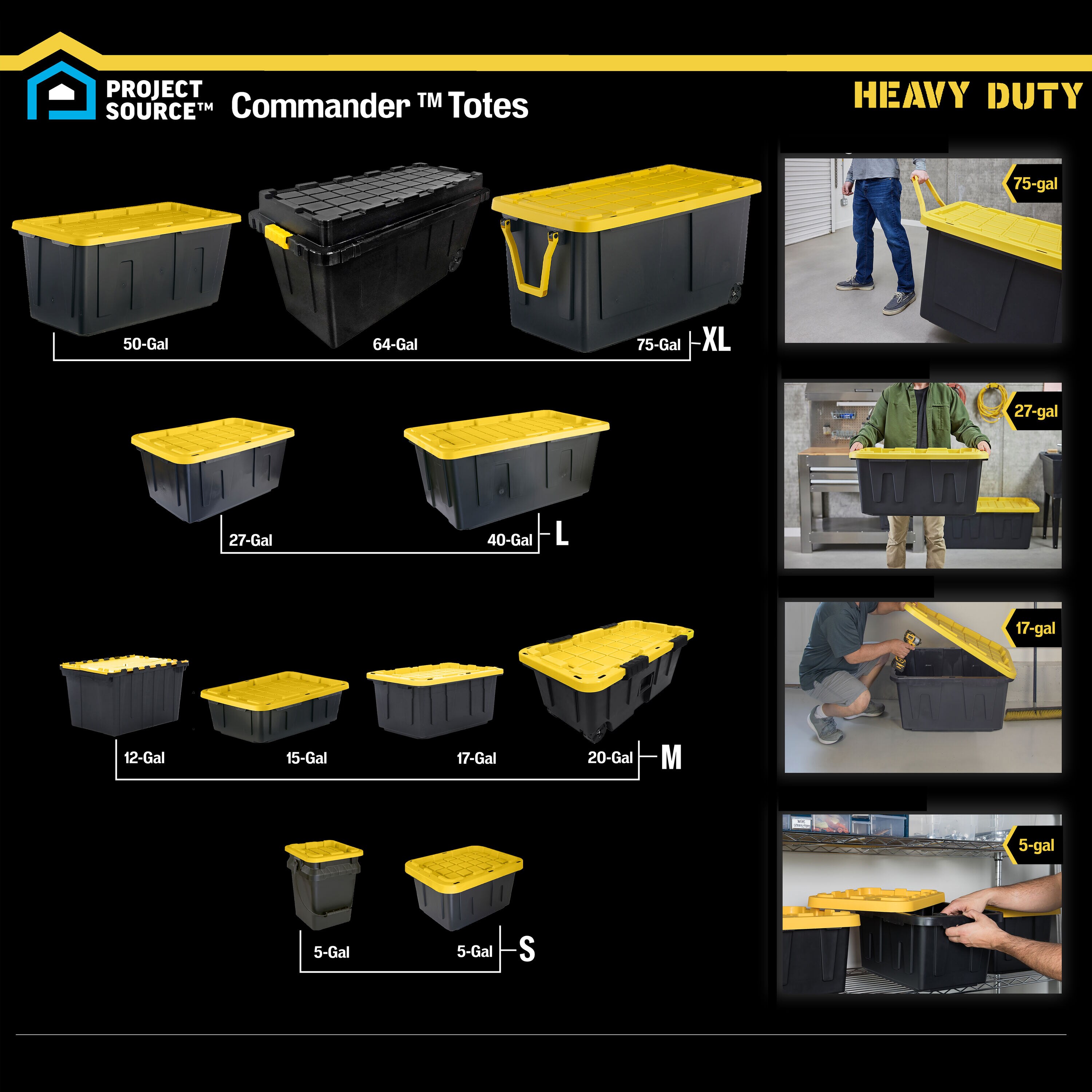 Project Source Commander X-large 40-Gallons (160-Quart) Black/Yellow Heavy Duty Tote with Standard Snap Lid