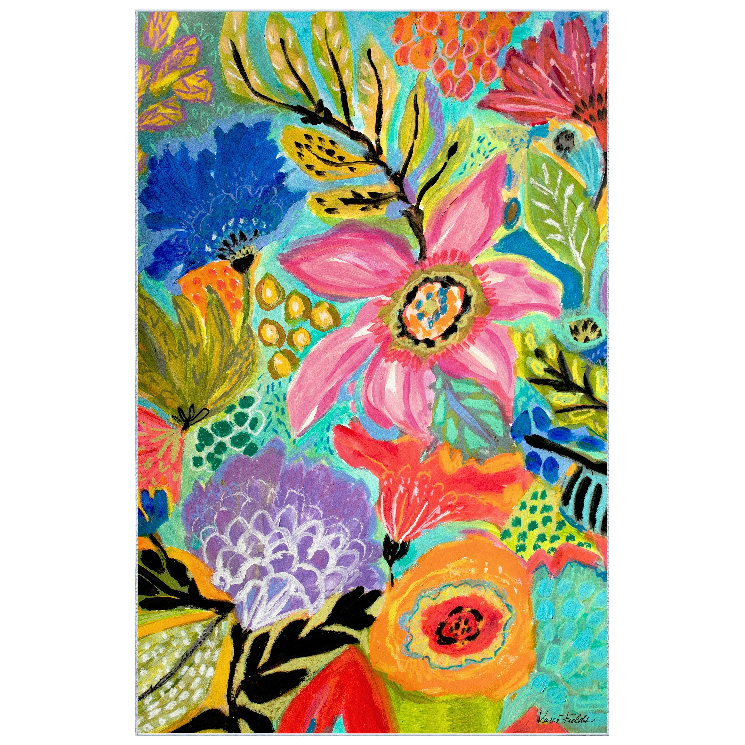 Secret Garden Blue Floral Washable Synthetic Area Rug 5' x 7'