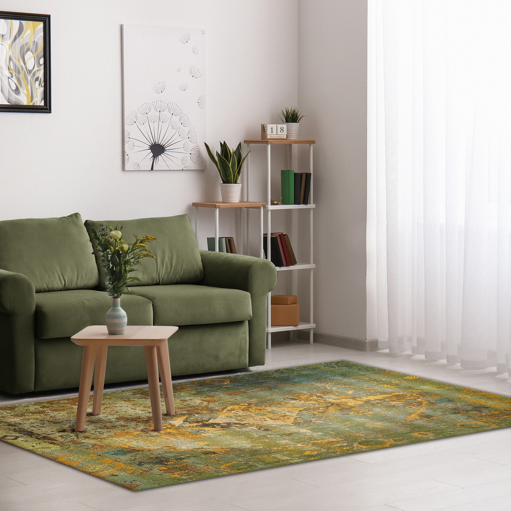 Green Kermin Watercolor Effect Indoor/Outdoor Synthetic Rug