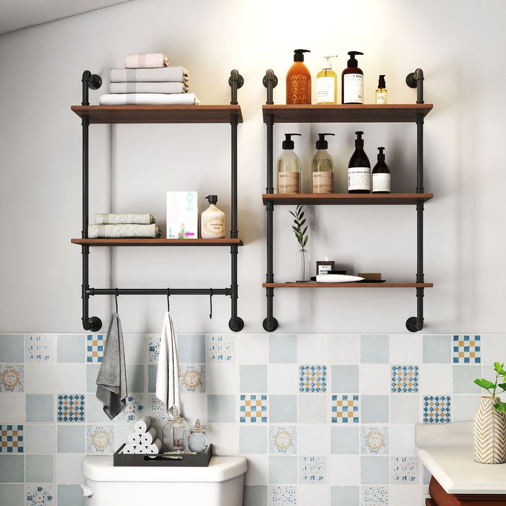 Blisstyle Industrial Pipe Shelf 3 Tier And 2 Tier Wall Mounted Shelves 36In Wood Display Shelves And 3 Additional Hooks Farmhouse Kitchen Bar Shelf Diy Bookshelf Unit Hanging Wall Shelves For Bedroom Wall Mounted Floating Shelves Display Shelf Wood Decor Shelf