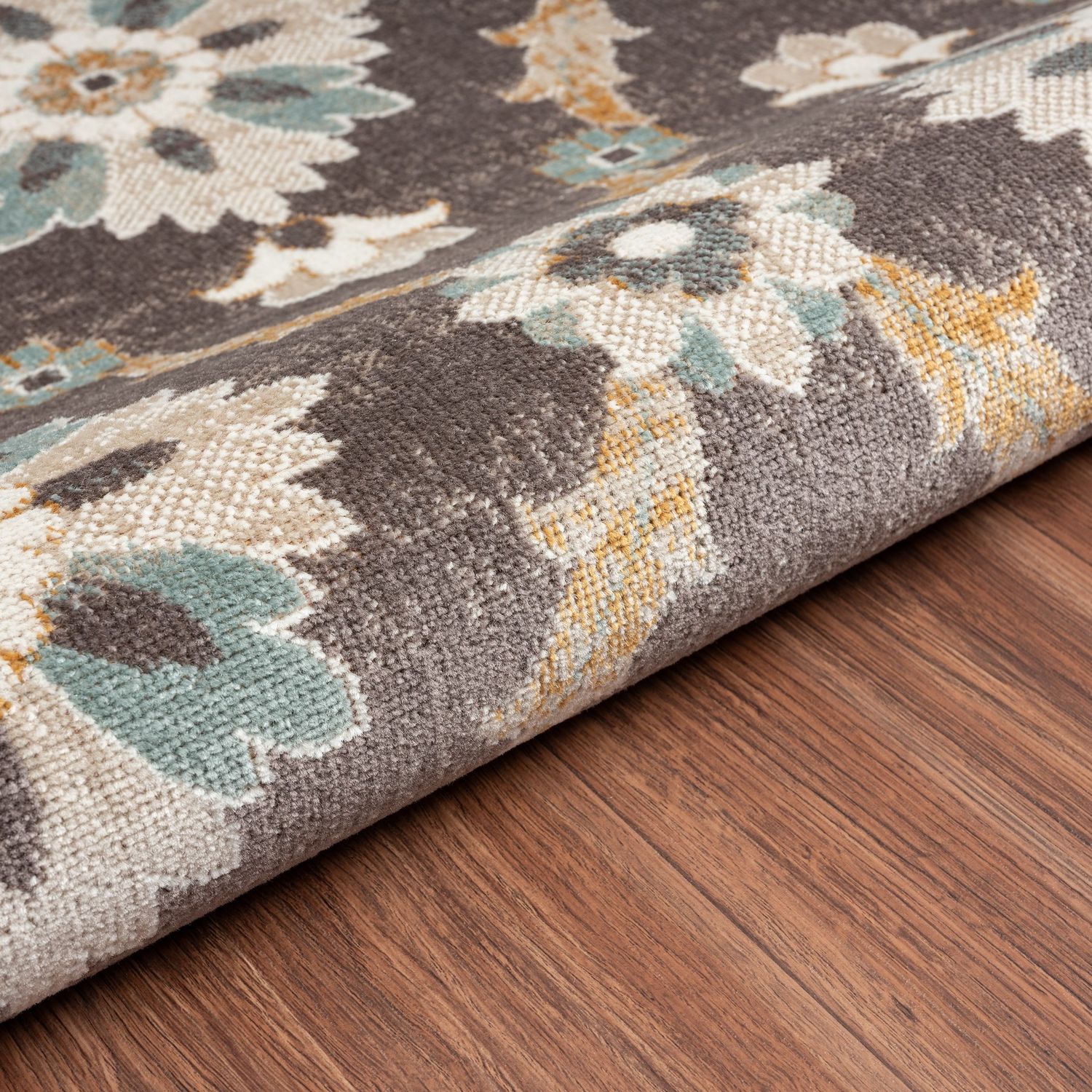 Reversible Rectangular Blue Floral Easy-Care Synthetic Area Rug