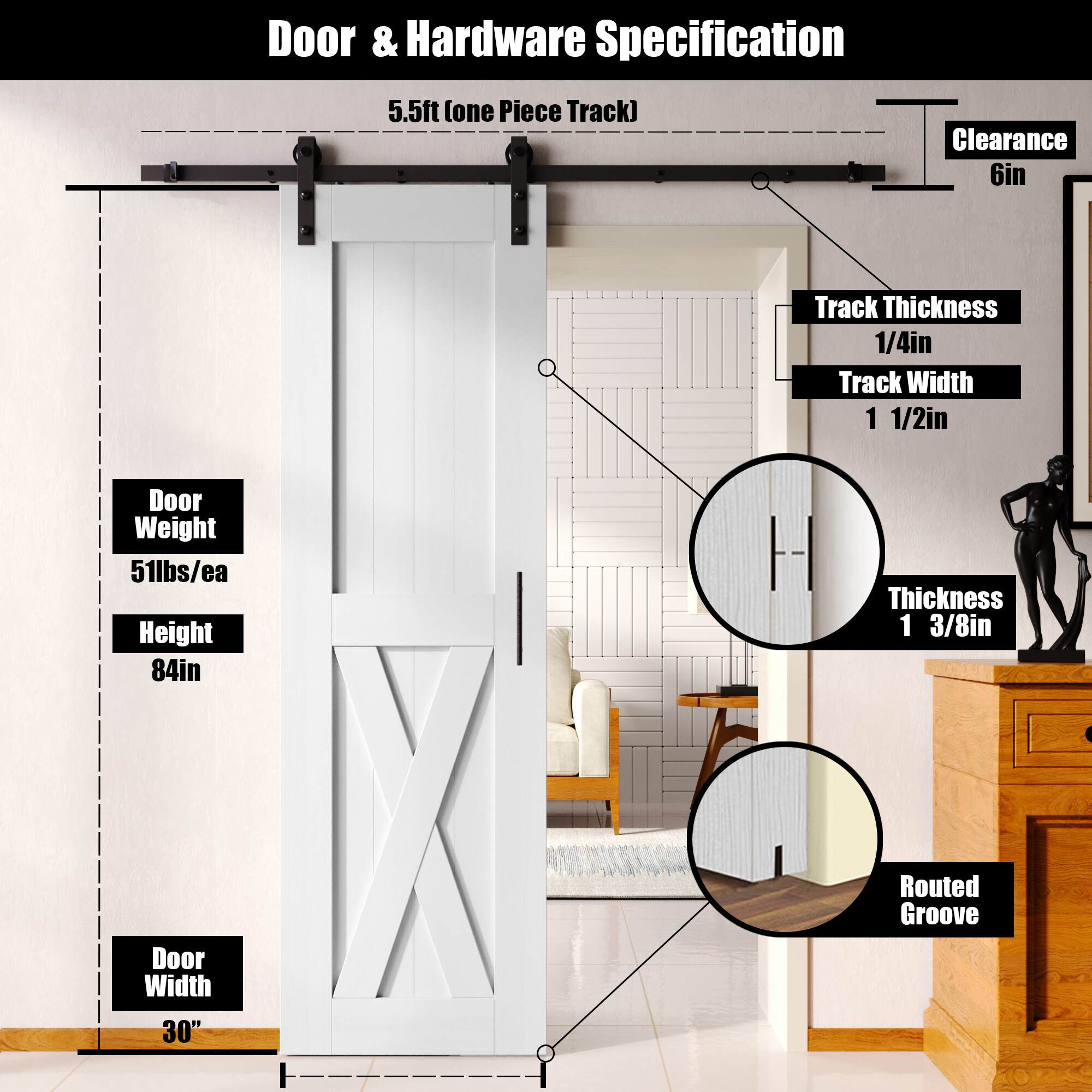 HOMACER YT1TGH066C-3084-X-WH Barn-Doors - View #2