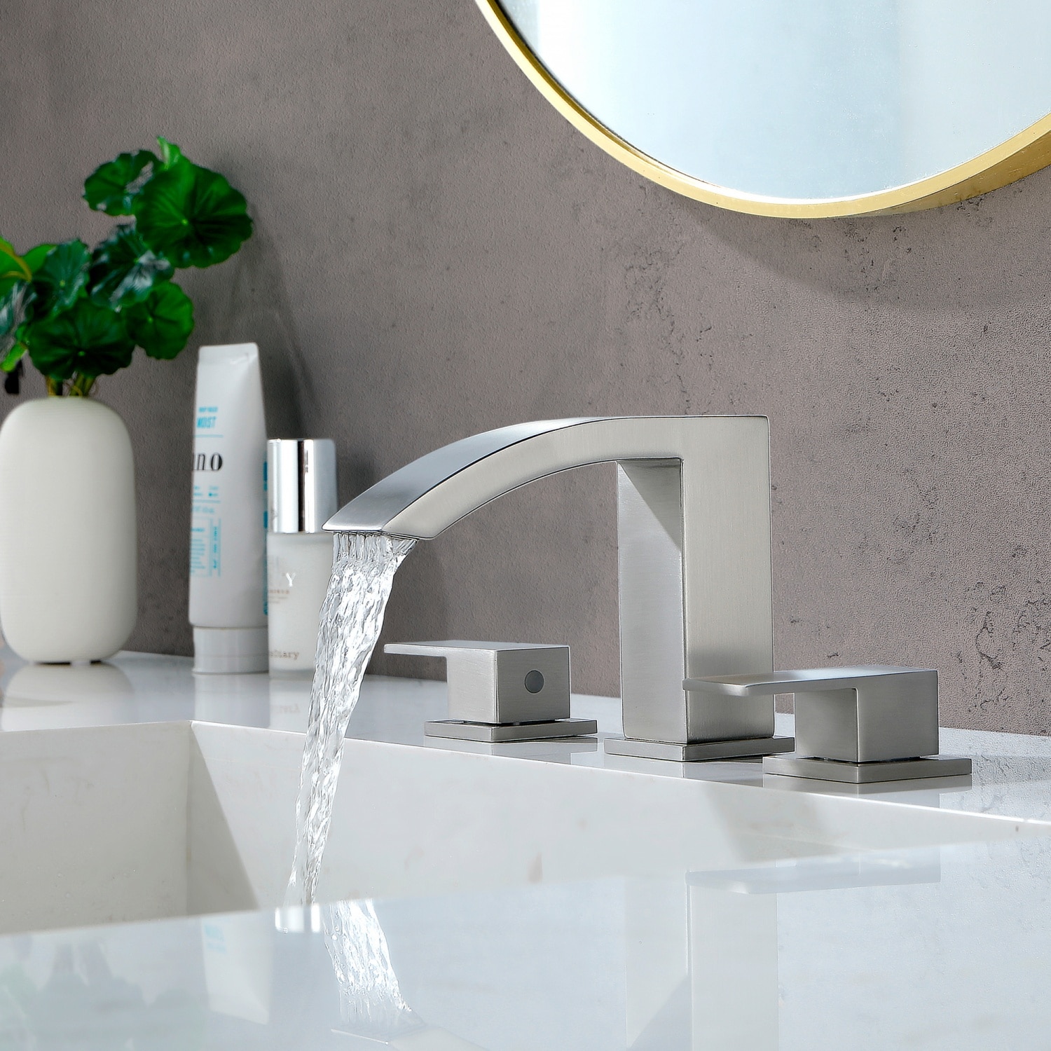 Dimakai - Dual Handle Bathroom Faucet with Swivel Spout and Push Down Drain Brushed