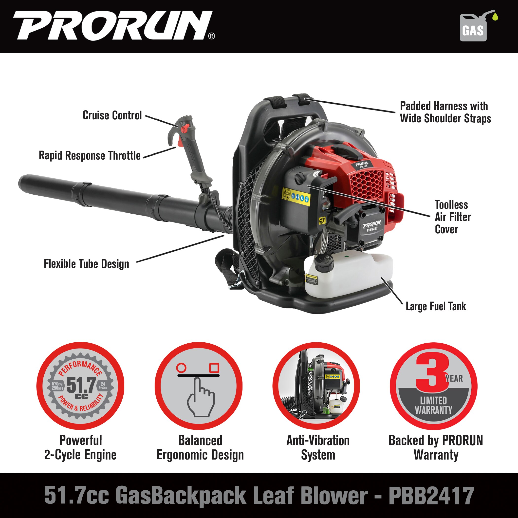 PRORUN PBB2417 51.7-cc 2-cycle 570-CFM 250-MPH Gas Backpack Leaf Blower PBB2417 Sansujyuku sansujyuku.com