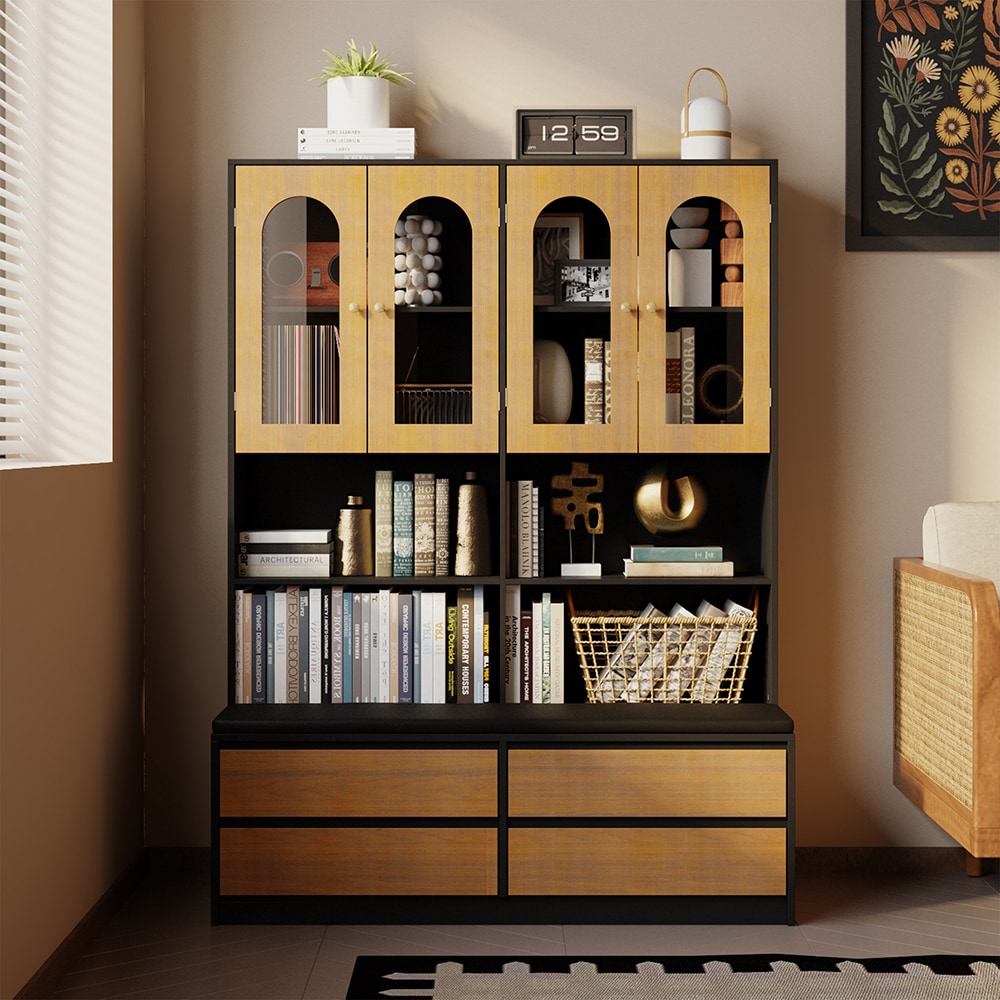 Homsee V-KF460069-01 Modern Wood Grain Bookcase with Glass Doors Cushioned Bench and Four Drawers for Reading Nook or Entryway Storage