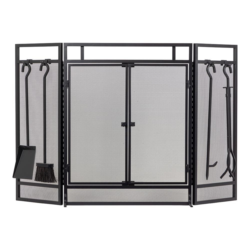 Modern Ember T93012BK 48-in Black Steel 3 -Panel Craftsman Twin Fireplace Screen