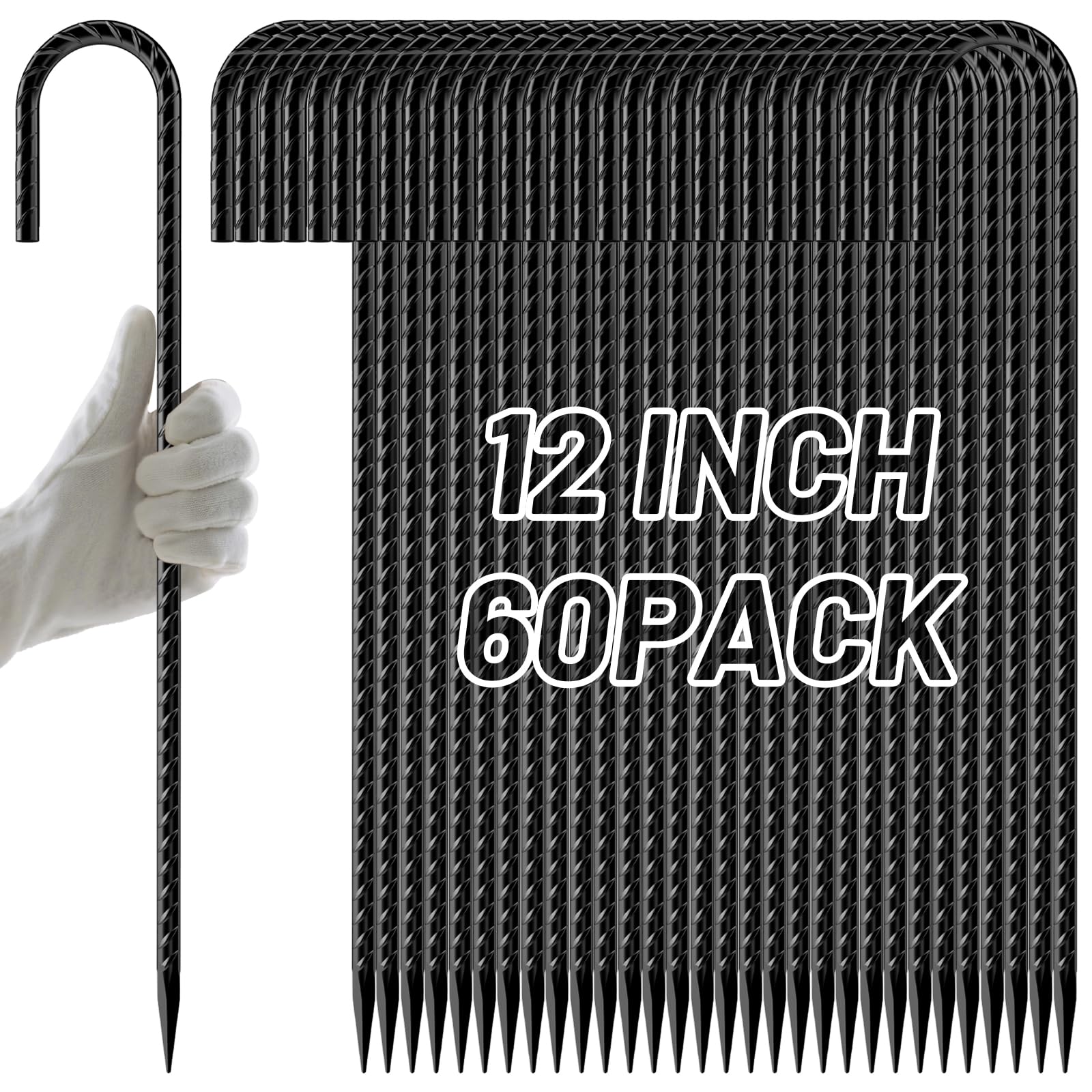 DYRCJ  Heavy Duty J Hook Rebar Stakes 12 Inch 60 Pack Black Coated Ground Garden Anchors for Camping Tent Lawn Decor and Chain Link Fence