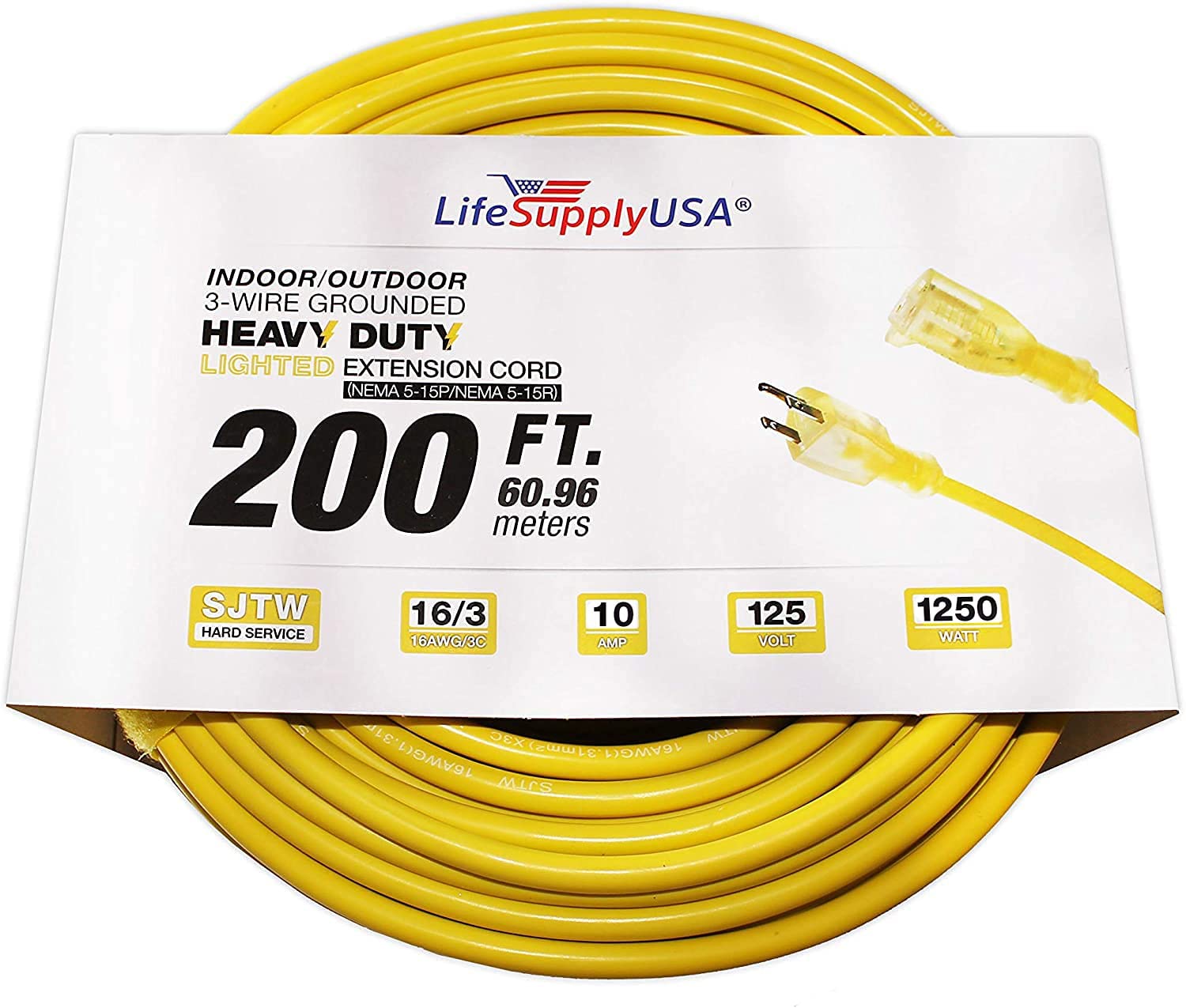 LifeSupplyUSA 200-ft 16/3-Prong Indoor/Outdoor Sjtw Heavy Duty