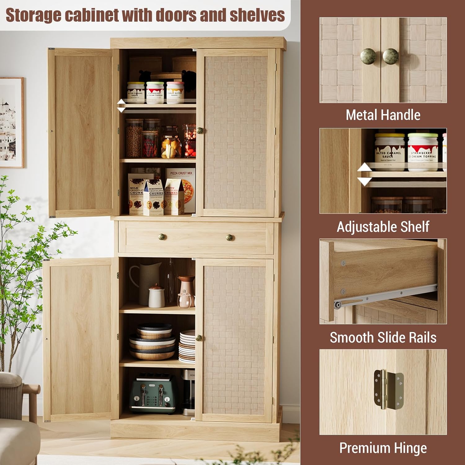 Der Rose 72in Tall Kitchen Pantry Rattan Doors Pantry Cabinet with 1 ...