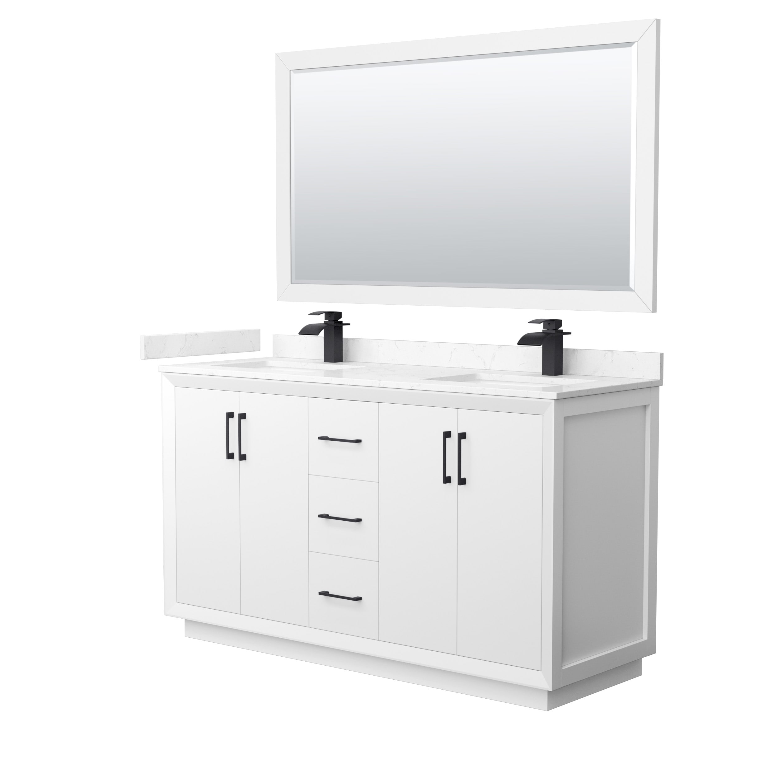 Wyndham Collection WCF414160DWBC2UNSM58 Strada 60-in White with Matte Black Trim Undermount Double sink Bathroom Vanity with Carrara cultured marble Cultured marble Top (Mirror Included)