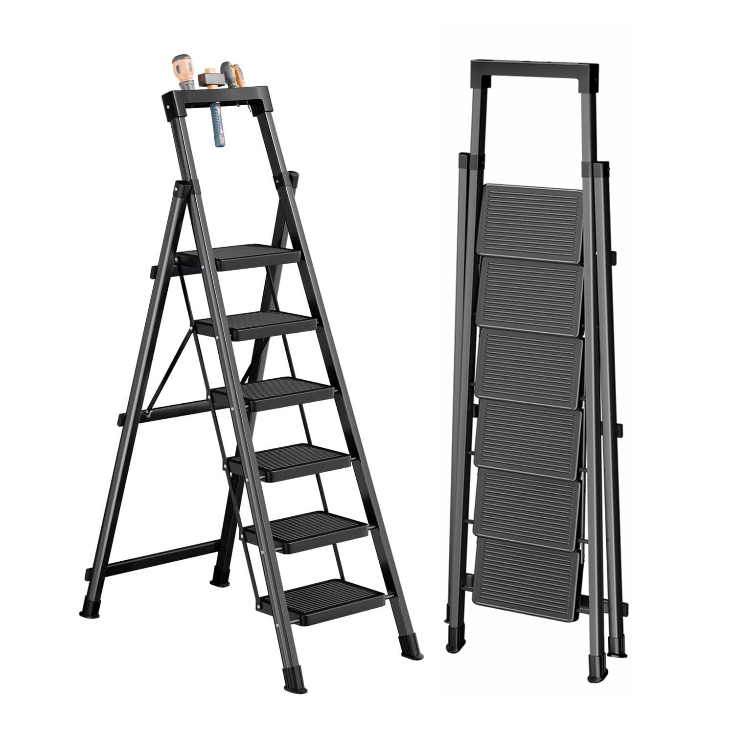 Lukvuzo  6 Step Ladder with Platform Folding Heavy Duty Step Stool with Anti-Slip Widen Pedals Handrail and Safe-Lock Design for Adults