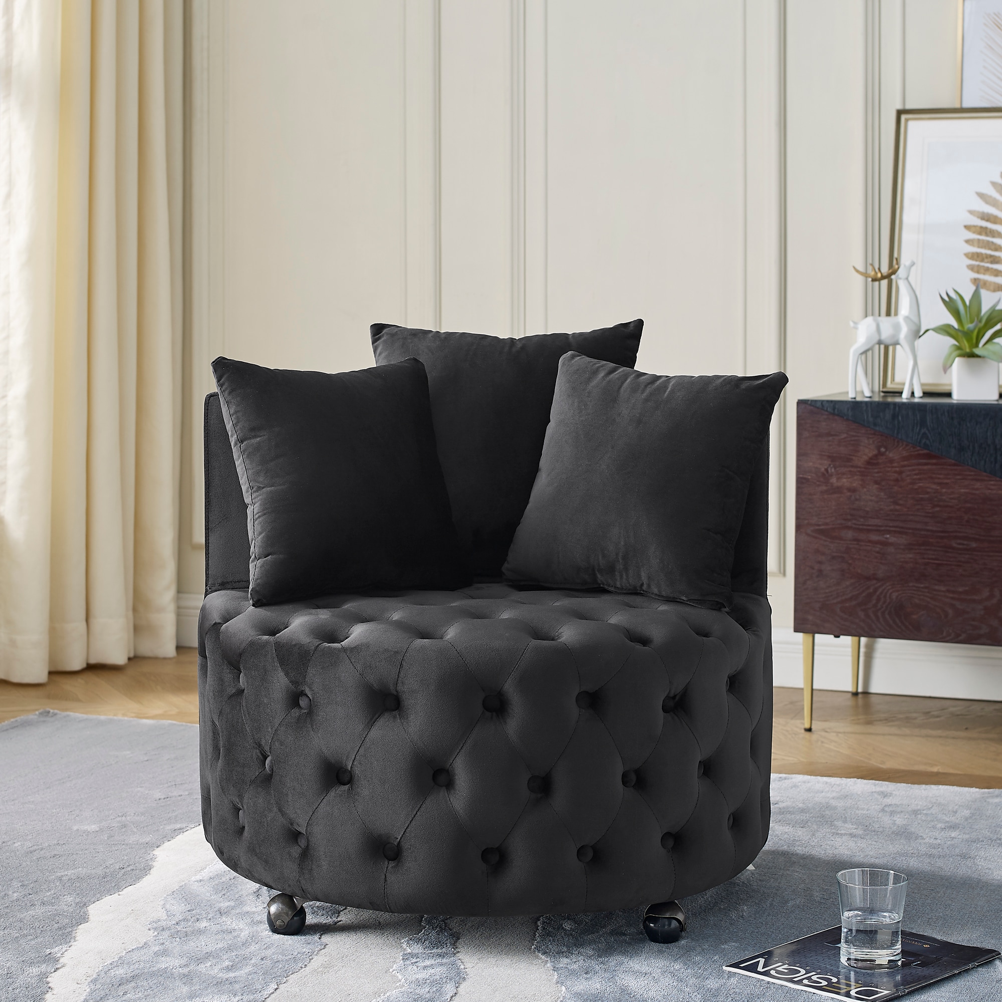 GDFStudio Valente Modern Velvet Button Tufted Upholstered Swivel Accent Chair with Moveable Wheels and Removable Pillows for Indoor Home Room Use - Black