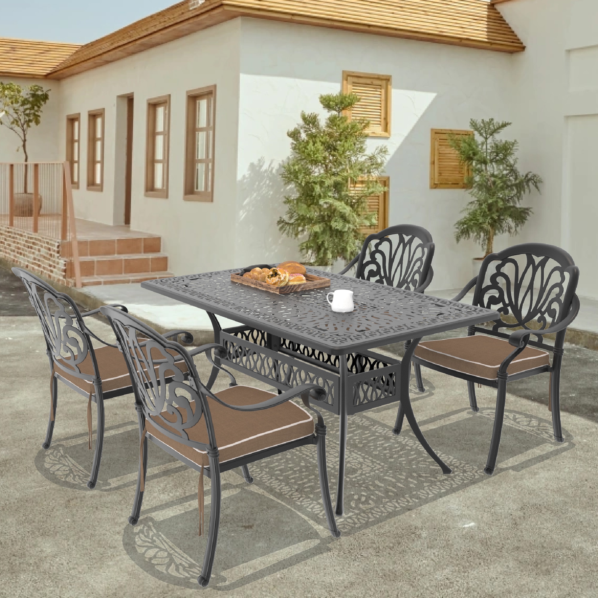 nicesure SLBK6002CZ4A1042RC 5 -Piece Black Patio Dining Set Aluminum Rectangle Table with 4 Cushions Stackable Stationary Chairs
