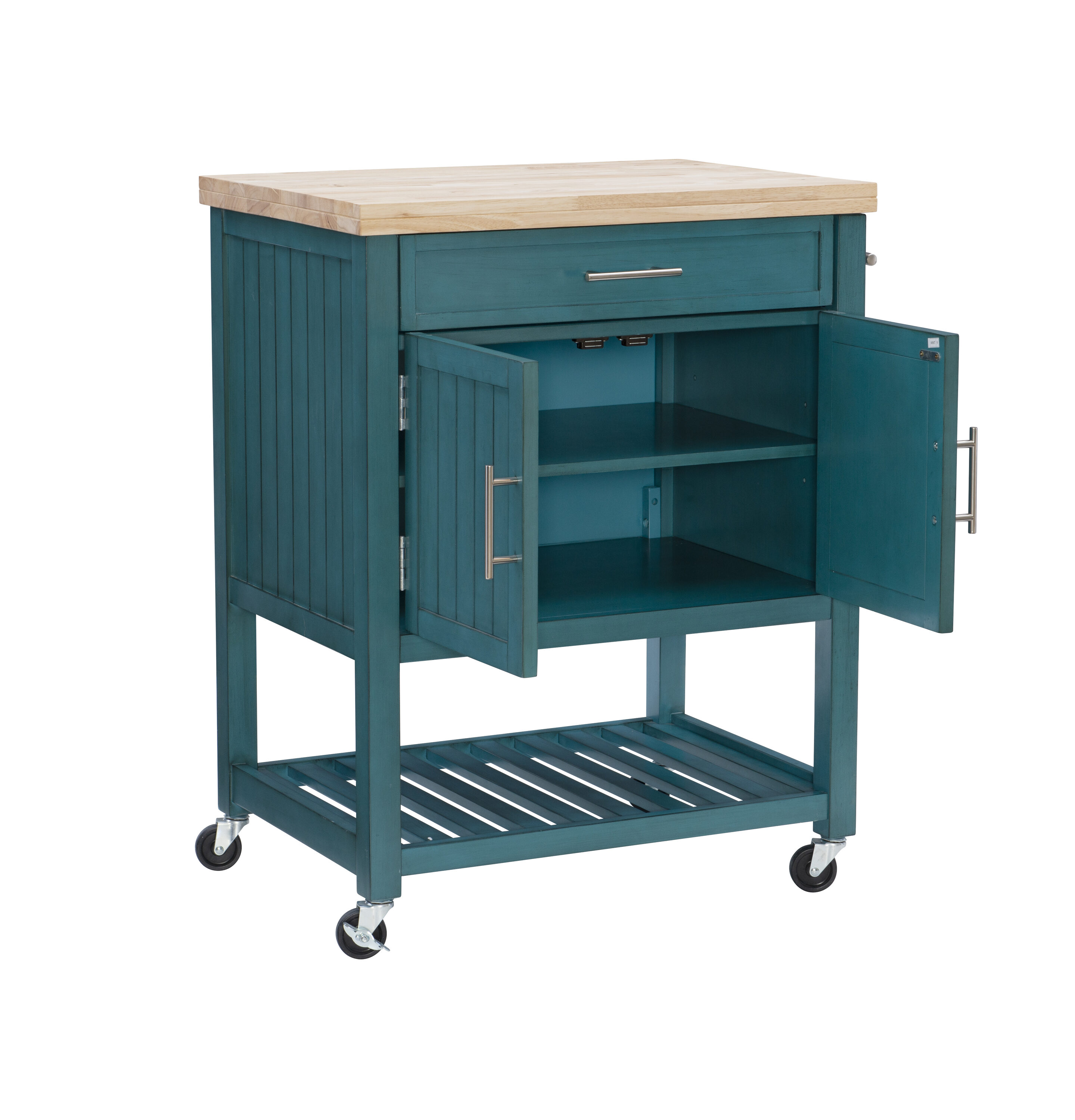 Powell Green Wood Base with Wood Butcher Block Top Rolling Kitchen Cart (28-in x 20.25-in x 33.5-in)
