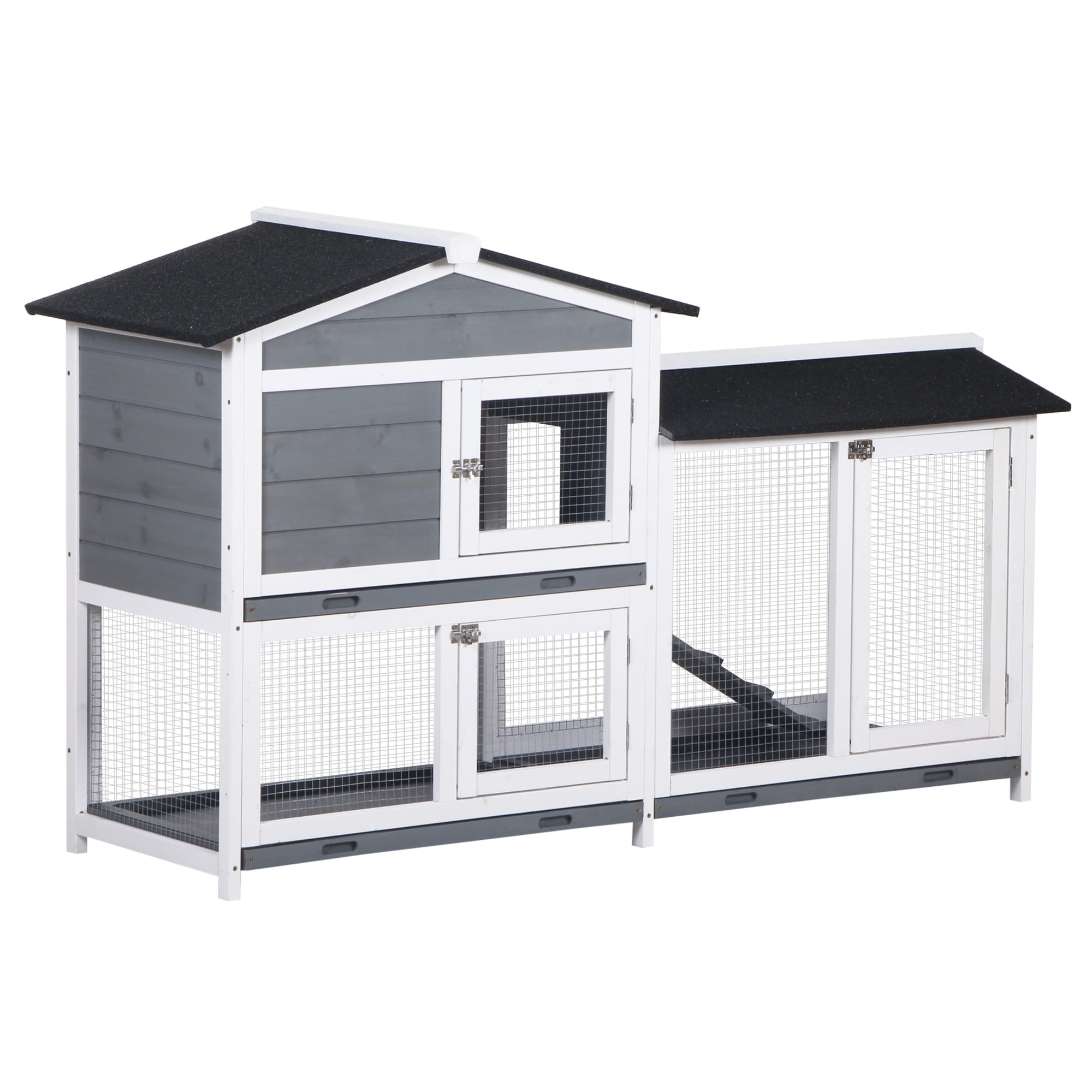 PawHut D51-131GY 62inch Rabbit Hutch Wooden Bunny Hutch Guinea Pig Cage Small Animal Enclosure with Run Area Removable Tray Asphalt Roof Lockable Doors and Ramp Gray