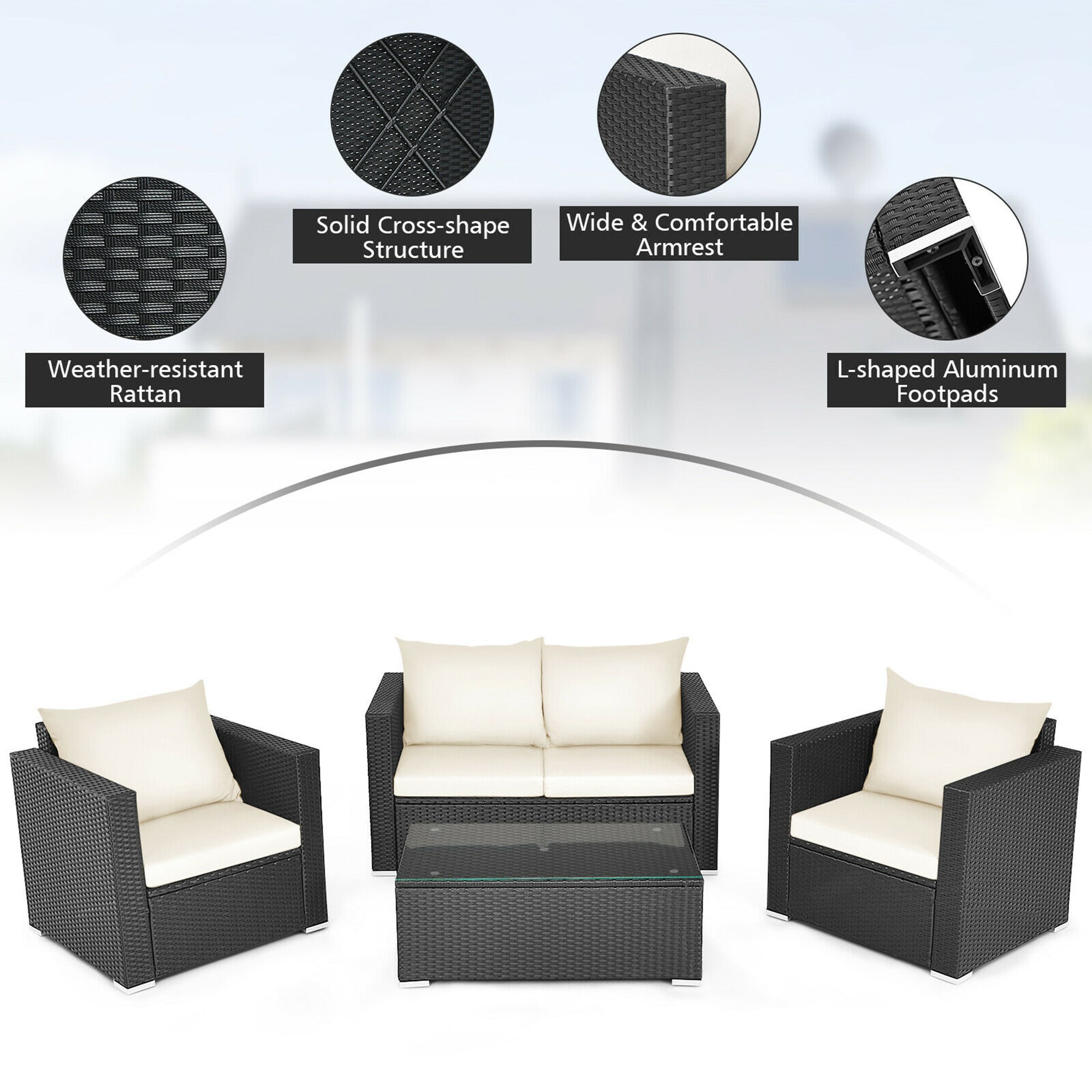 Clihome 4-Piece Rattan Patio Conversation Set with White Polyester ...